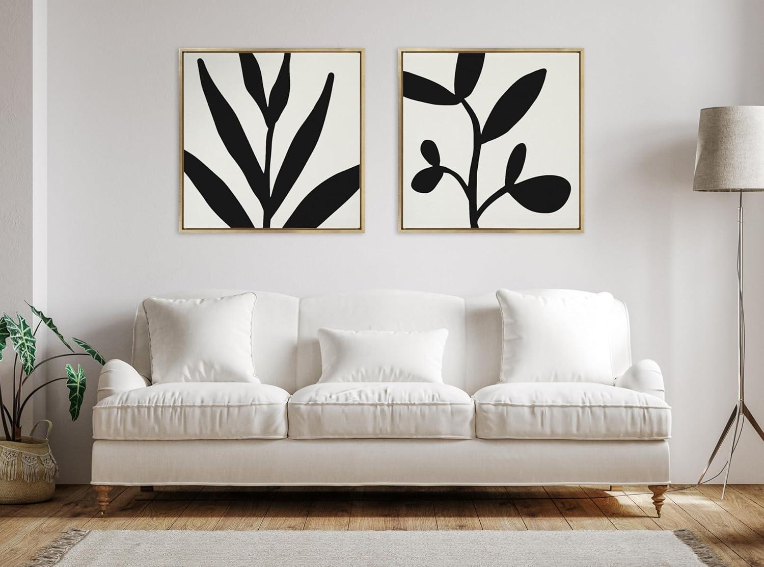 Kate and Laurel Sylvie Modern Botanical Neutral Abstract 2 Framed Canvas Wall Art by The Creative Bunch Studio, 30x30 Bright Gold, Decorative Botanical Print for Wall