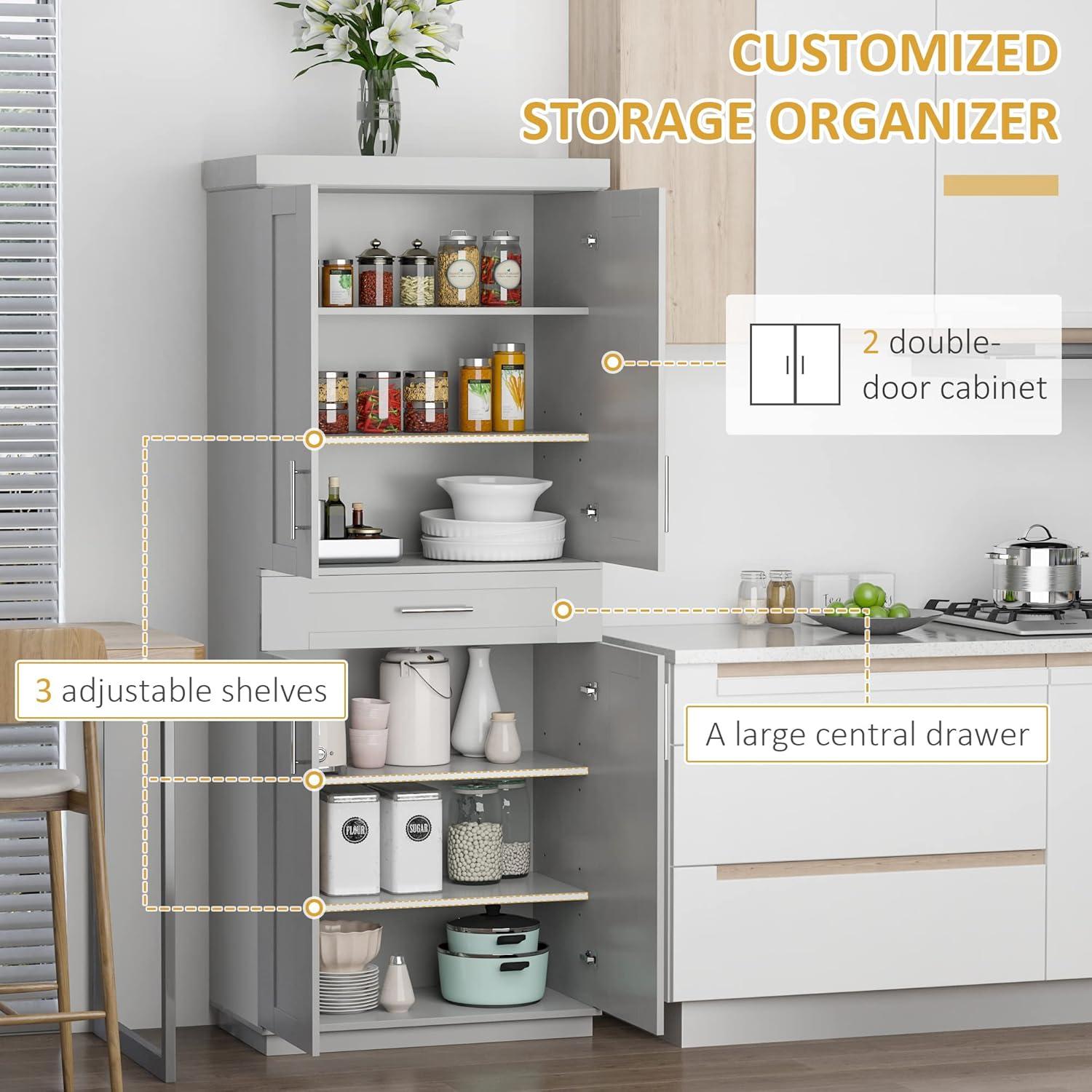 HOMCOM Tall Kitchen Pantry Freestanding Cabinet Cupboard with Doors and Drawer, Adjustable Shelving