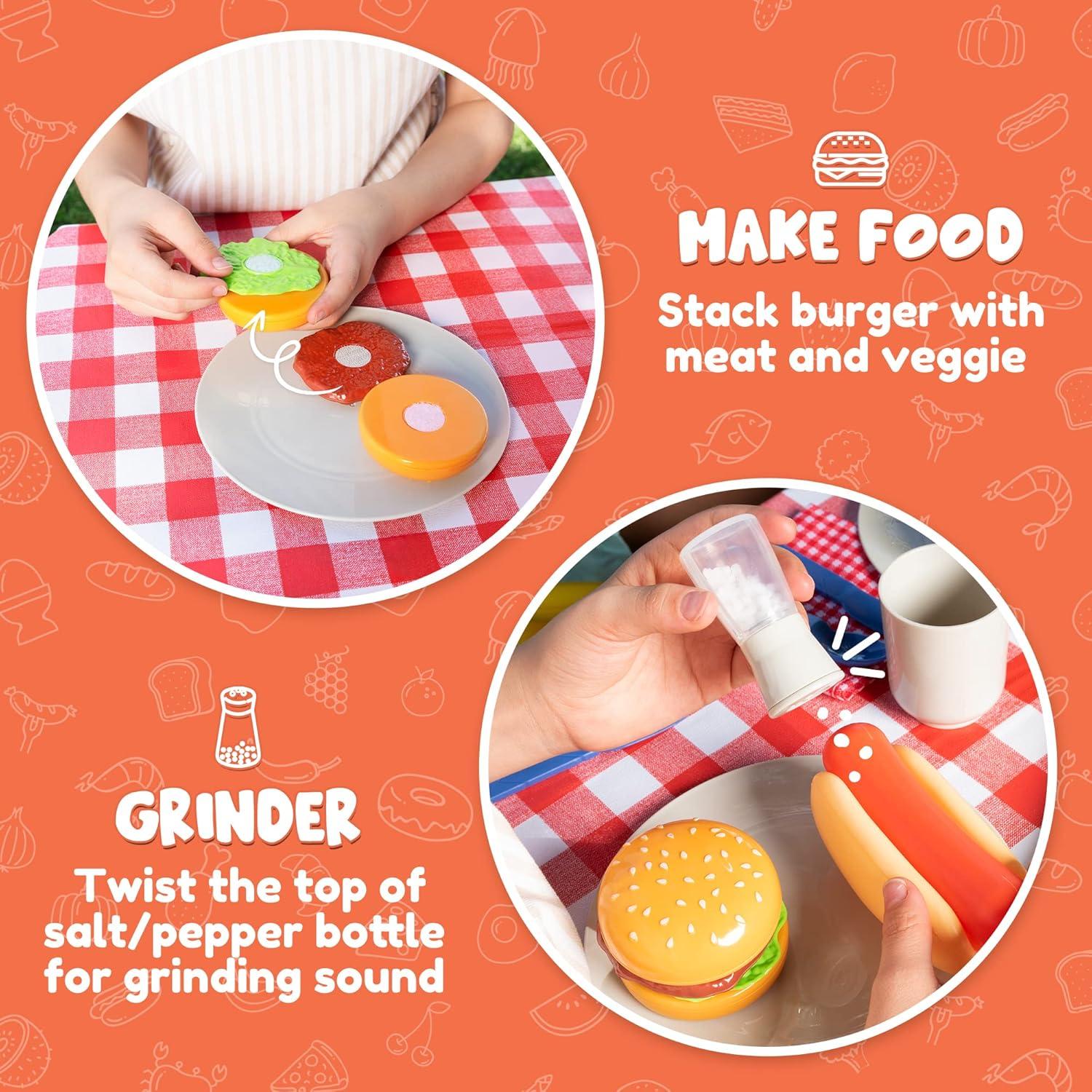 Joyfy 27 Pcs Kids Kitchen Toy Playset, BBQ Grill Pretend Play Food Sets, Gift for Toddlers 2 3 4 Years Old Girls Boys