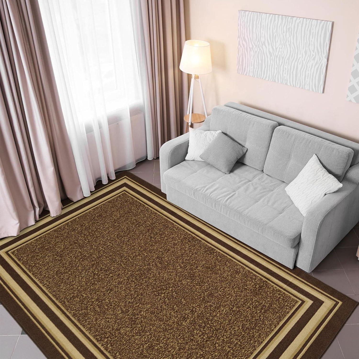 Brown Bordered Machine Washable Area Rug with Non-Slip Backing