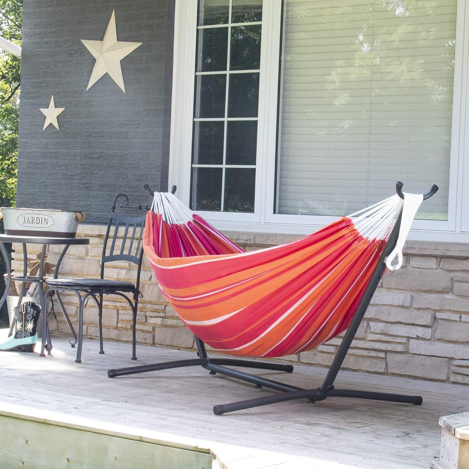 Vivere 9ft Red and Orange Cotton Double Hammock with Steel Stand