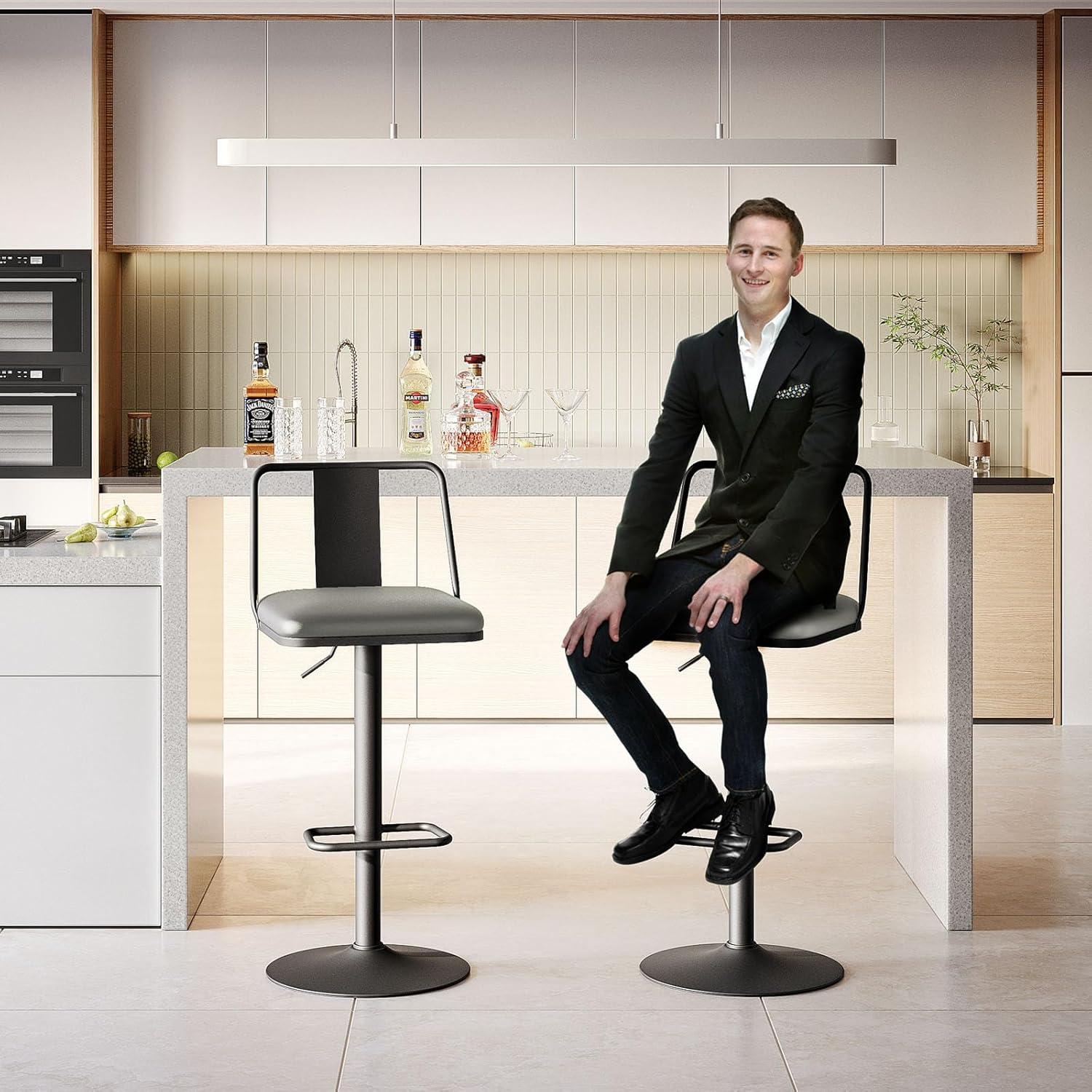 Metal Swivel Barstools Set of 2, Enlarged PU Leather Seat with Metal Back, Adjustable from 24" to 33" for Counter Height & Bar Height, Modern Design for Kitchen and Restaurant,MatteBlack