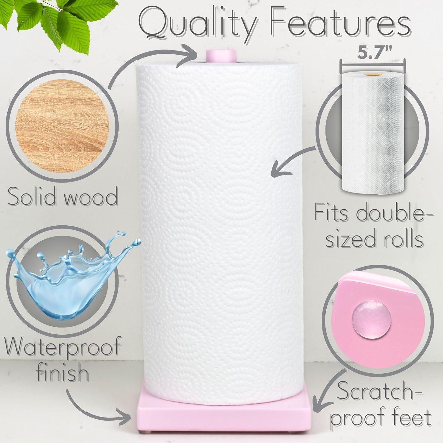 House Perfect Pink Paper Towel Holder – Wood Paper Towel Holder Stand – Great for Kitchen Counters & Bathrooms – Suits Paper Towel Rolls & Reusable Kitchen Towels…