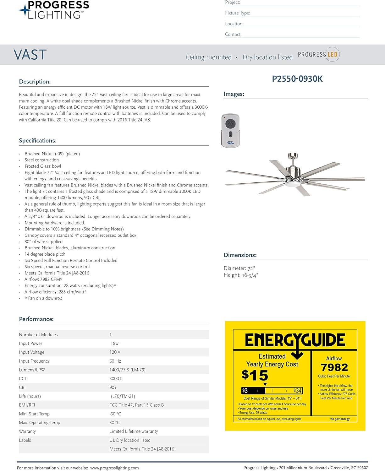 Vast Collection 72" 18W LED Eight Blade Fan