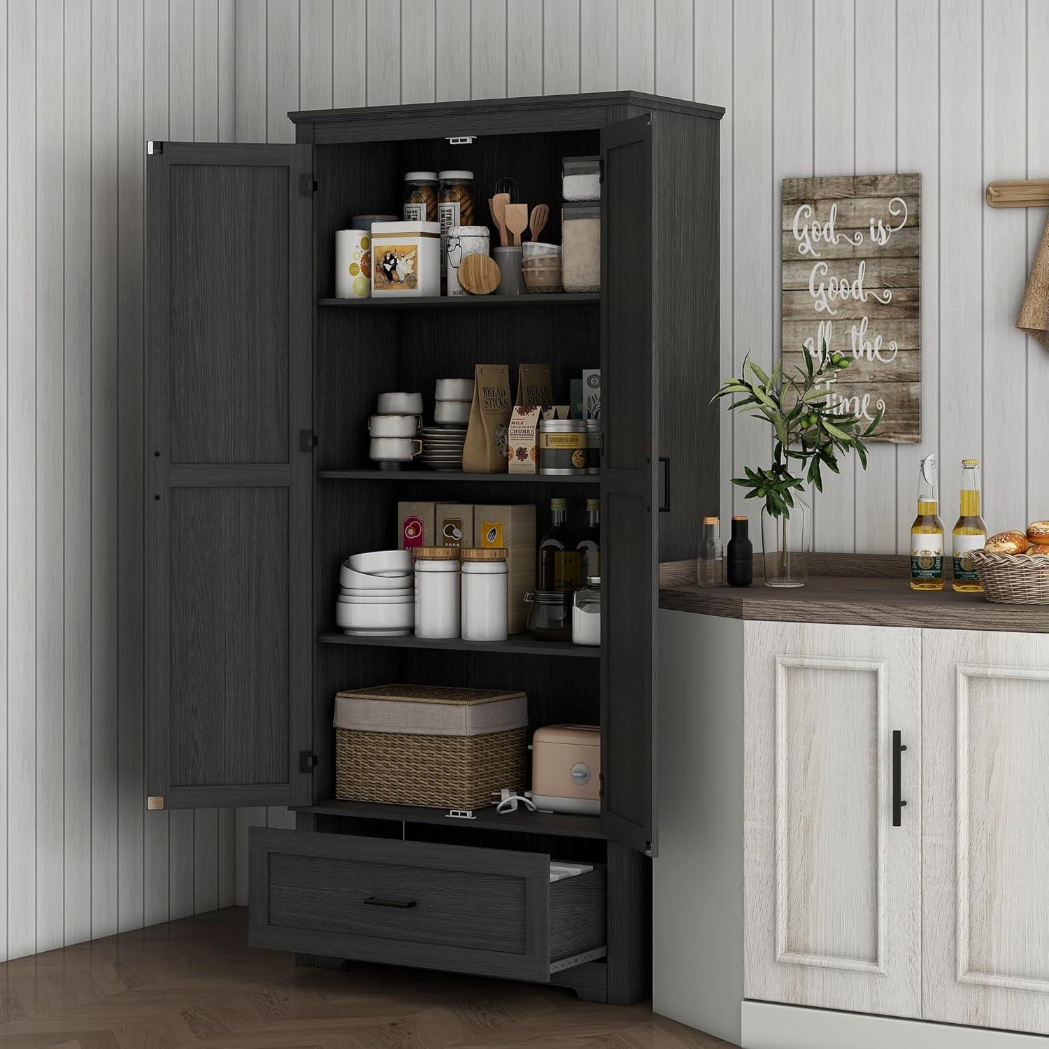 HOMCOM 69" Tall Farmhouse Kitchen Pantry Storage Cabinet with Drawer and Adjustable Shelves, Black
