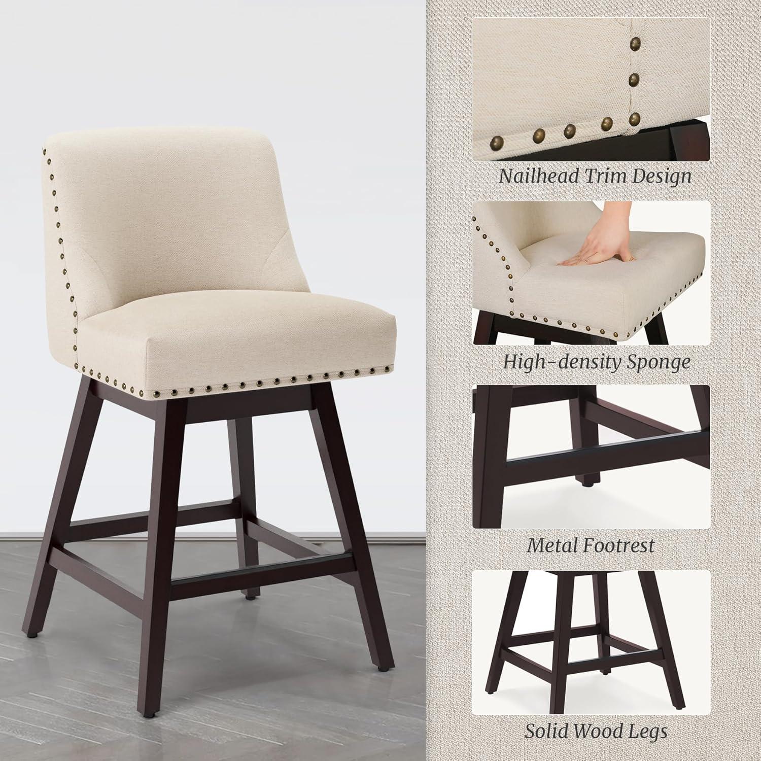 Off-White Linen Upholstered Swivel Counter Stools with Wood Legs, Set of 3