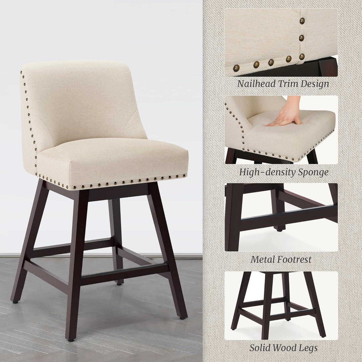 Zoi 26 in. Wood 360 Free Swivel Upholstered Bar Stool with Back, Performance Fabric in Linen. (Set of 3)