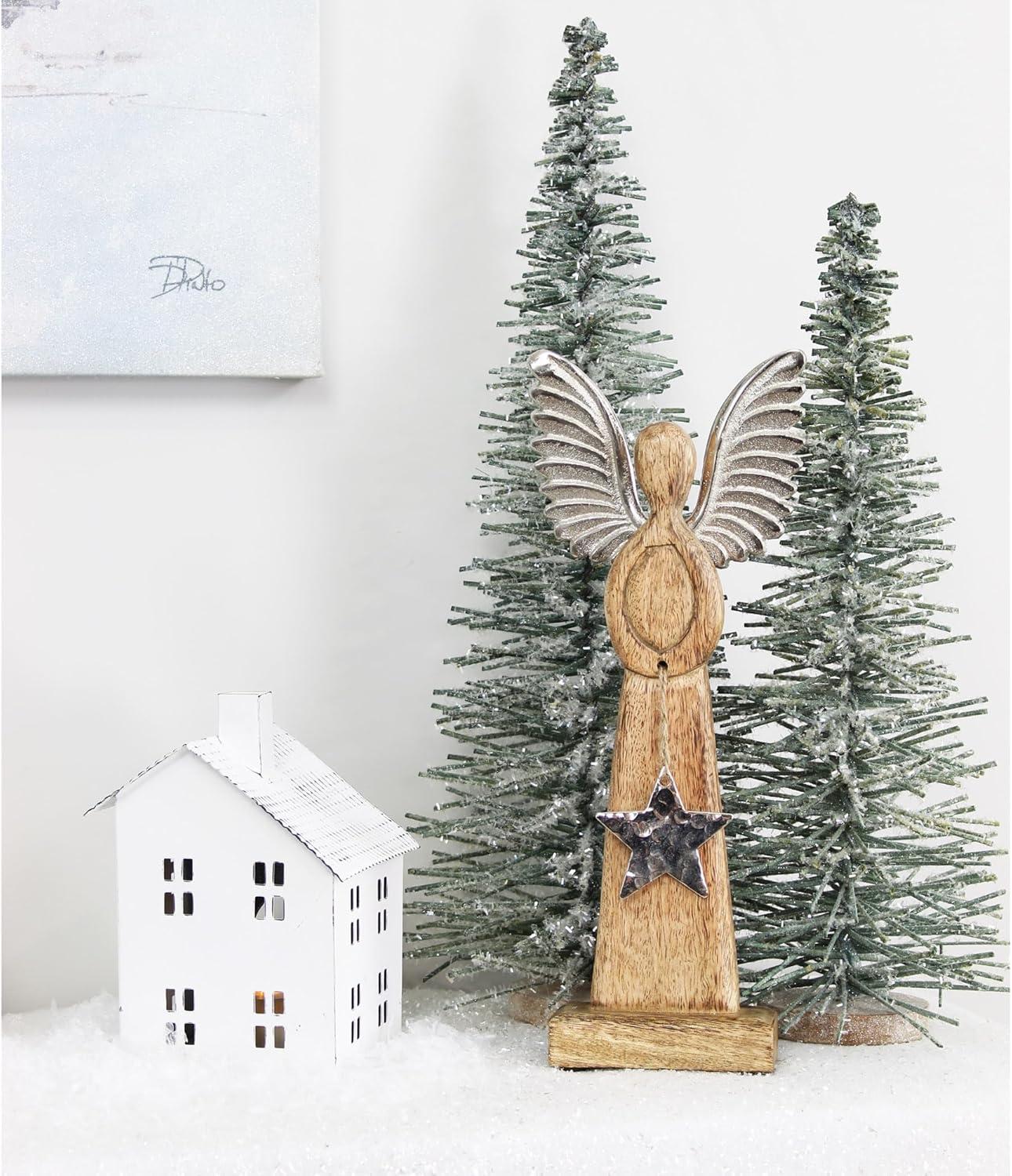 AuldHome Design Wooden Angel Christmas Statue; Farmhouse Holiday Decor Handmade Wood and Metal Figurine