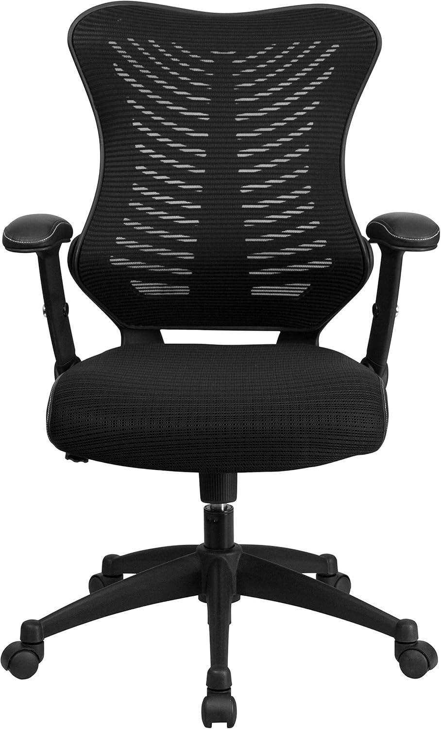 Contemporary High-Back Black Mesh & Leather Executive Office Chair with Adjustable Arms