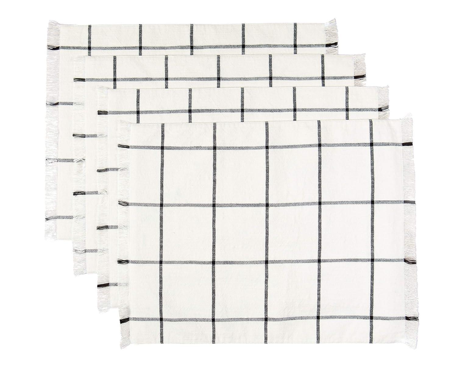 Sticky Toffee Placemats Set of 4, Woven Cotton Cloth Placemat Set, 14x19 in, Cream Farmhouse Plaid Place Mats for Kitchen or Dining Table