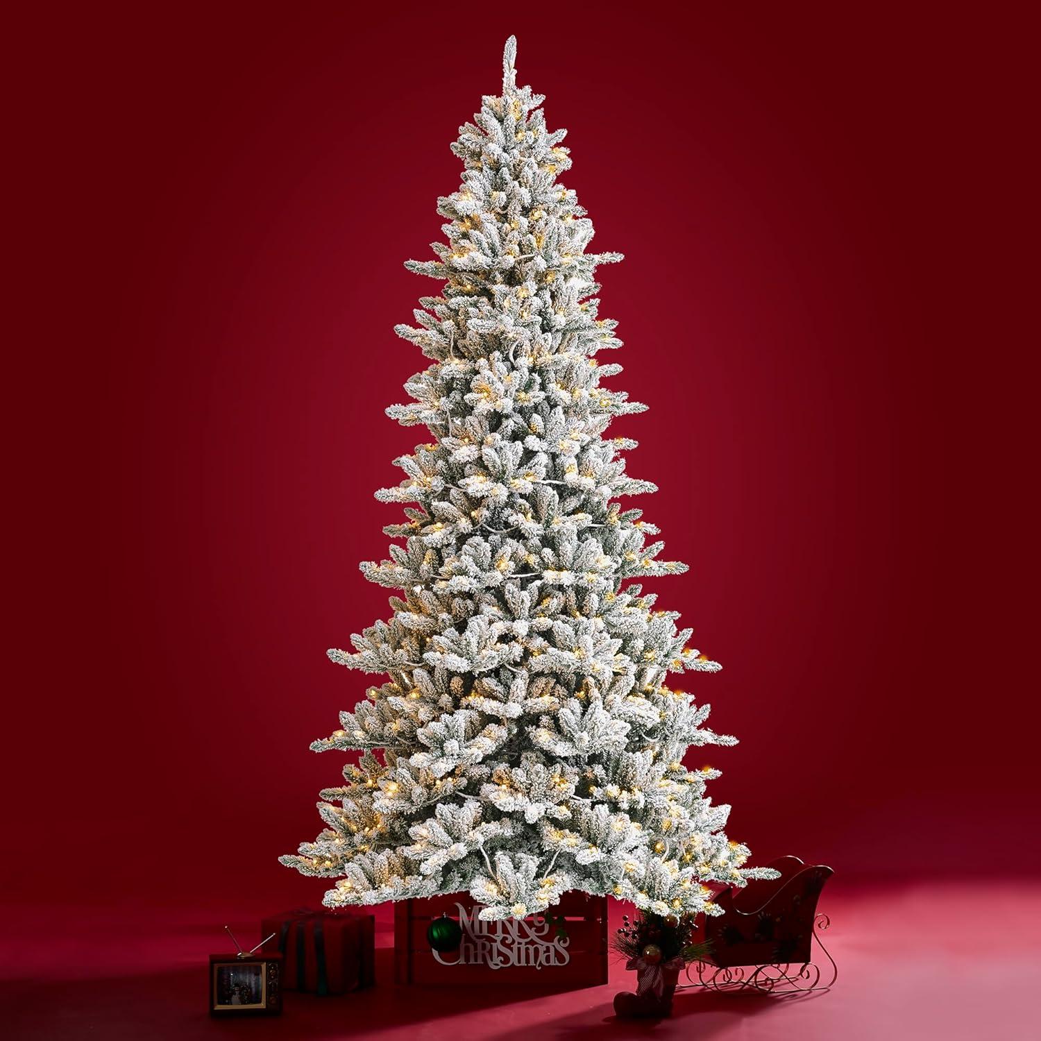 Glitz Design Glitzhome 9ft Pre-Lit Snow Flocked Fir Artificial Christmas Tree with 650 Warm White