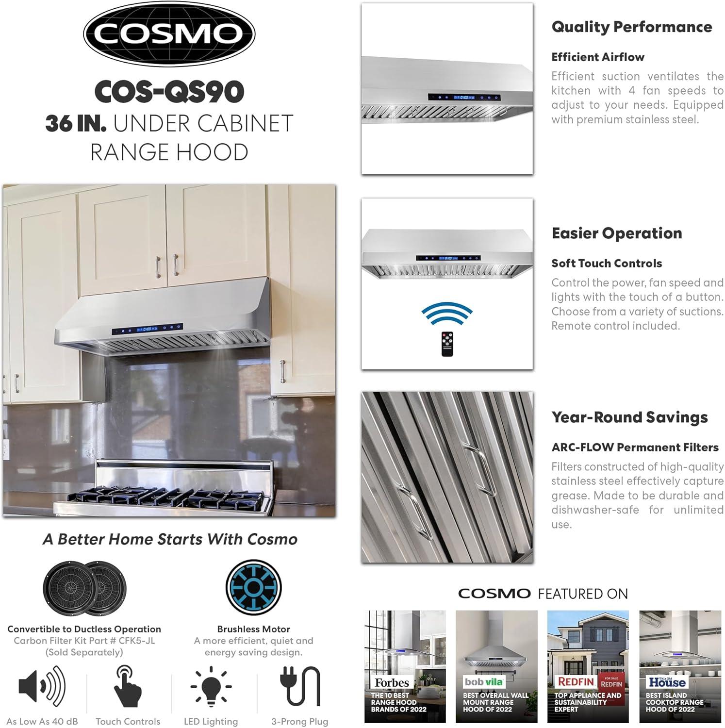 Cosmo COS-QS90 36 in. 500 CFM Ducted Under Cabinet Range Hood in Stainless Steel