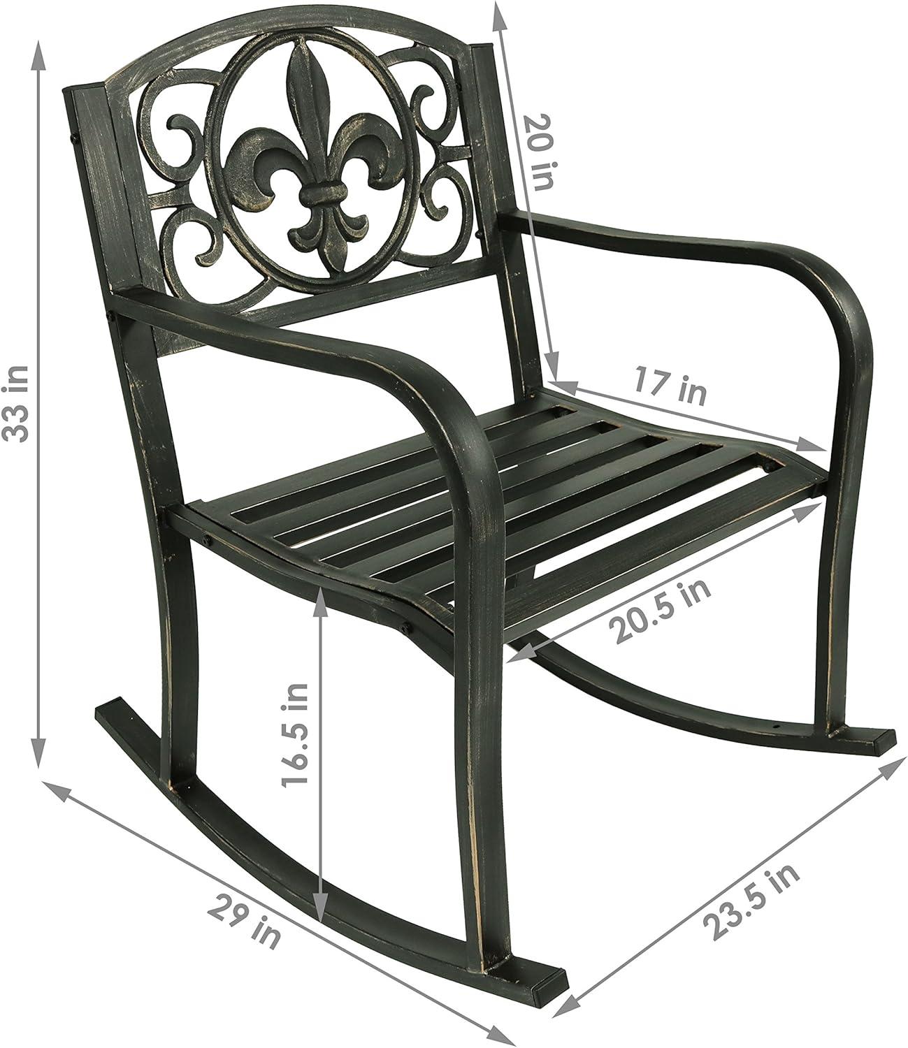 Black Cast Iron and Steel Fleur-de-Lis Outdoor Rocking Chair