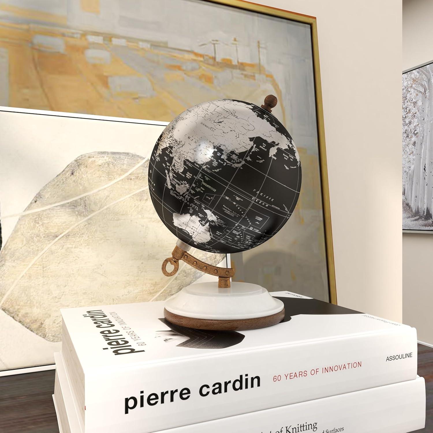 DecMode 5" Small Black World Map Globe with Silver Continents and White Marble Base