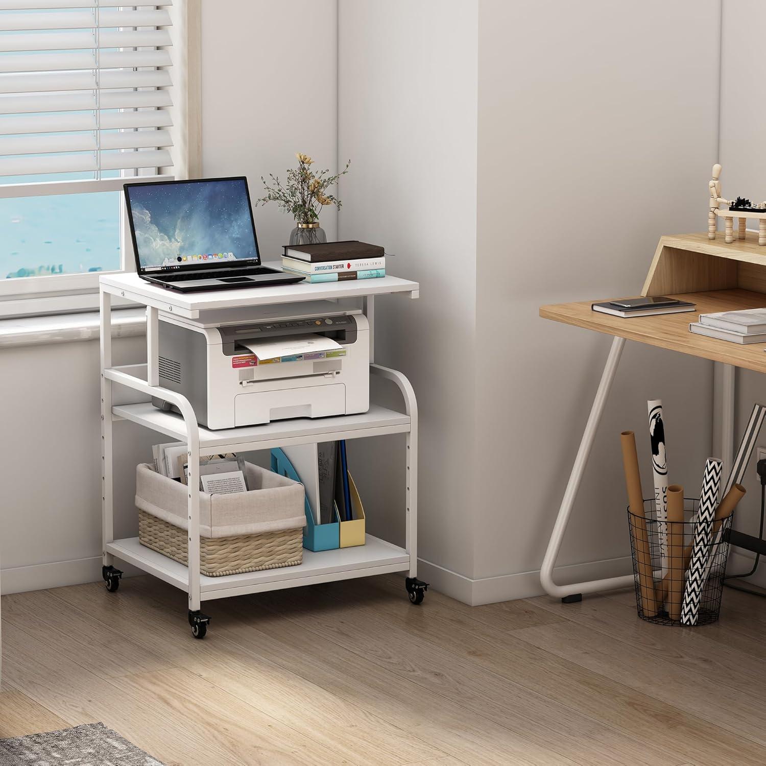Printer Table, 23.6 x18.9 x 29.5 Inches Large Printer Stand with Height Adjustable Storage Shelf, 3 Tier Rolling Printer Cart Furniture with Wheels for Home Office, White & Black