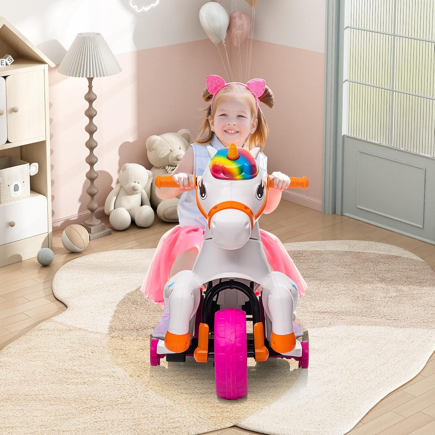 6V Multicolor Electric Unicorn Ride-On Toy with Music