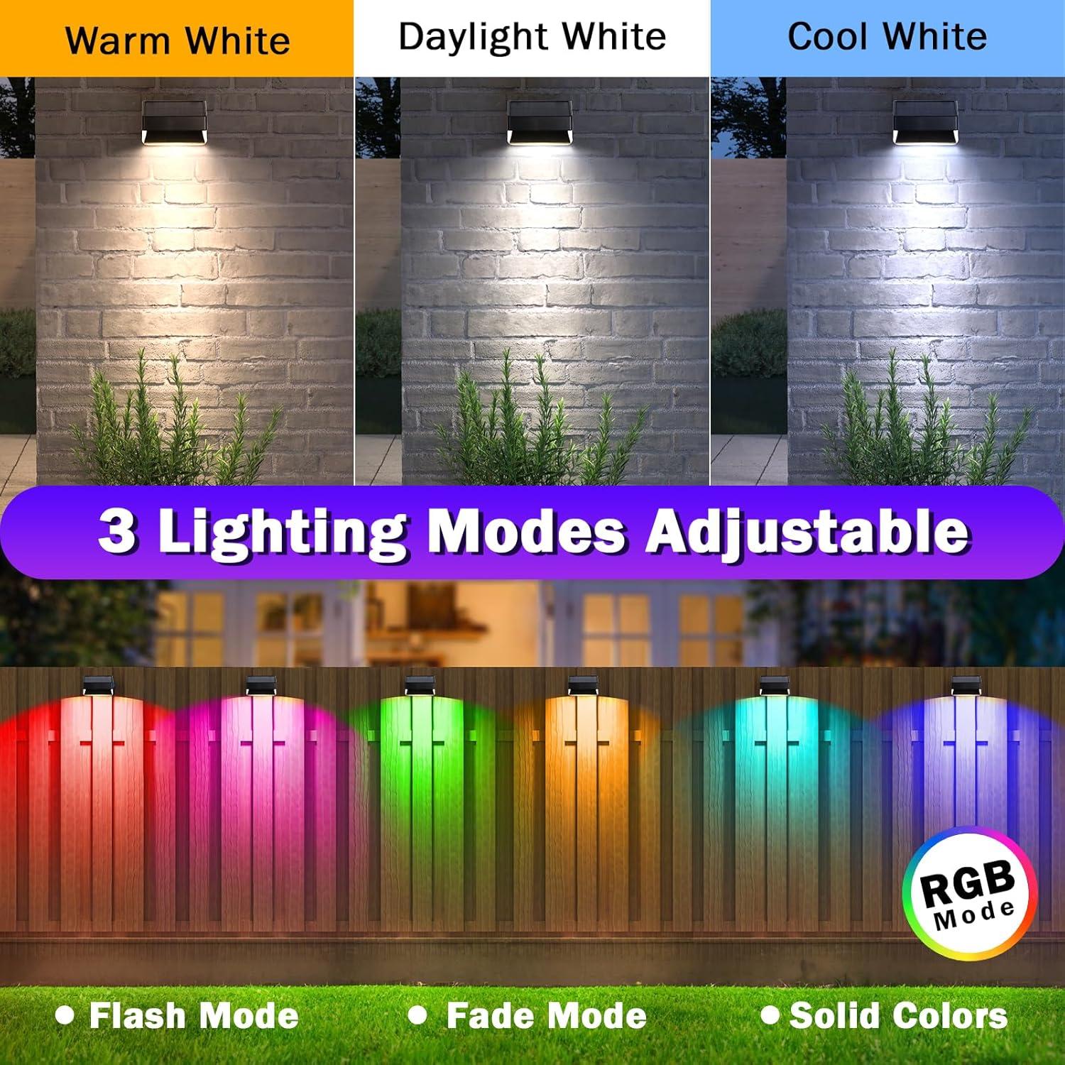 Nordic Hygge 8-Pack Solar Fence Lights Outdoor, Waterproof Solar Powered Deck Lights, RGB Black Outside Solar Step Lights for Patio Yard Wall Fence