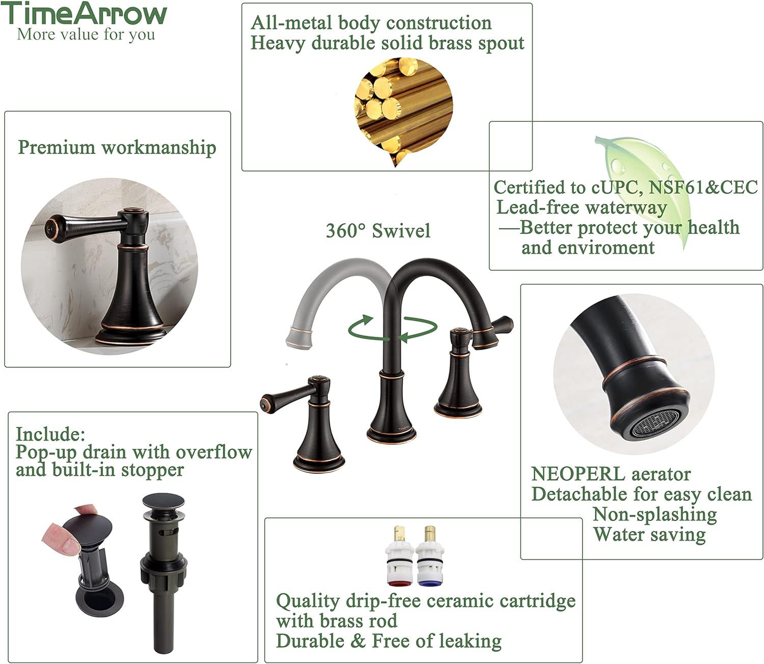 2-Handle 8 inch Widespread Bathroom Sink Faucet Oil Rubbed Bronze Lavatory Faucet 3 Hole 360° Swivel Spout Vanity Sink Basin Faucets with Pop Up Drain Assembly and cUPC Water Supply Hoses