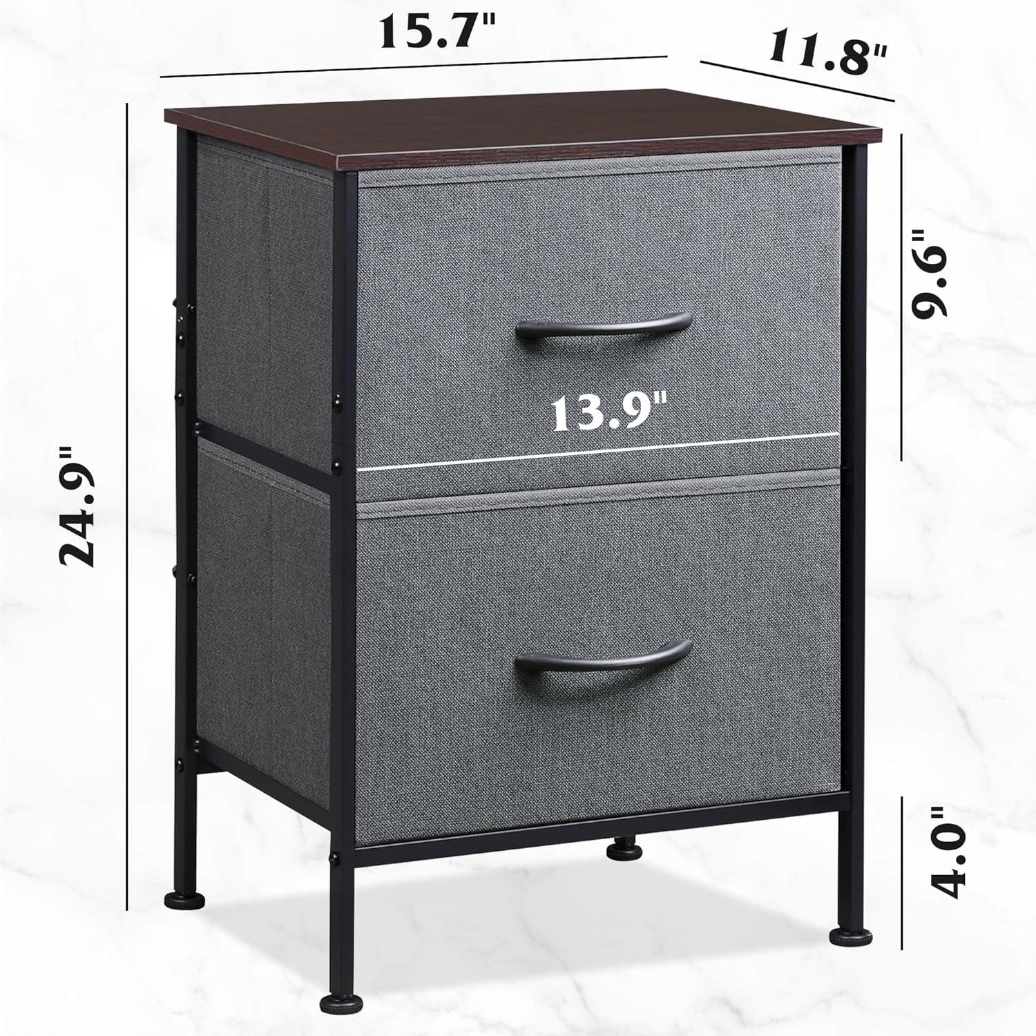 Dark Grey Fabric and Steel 2-Drawer Nightstand