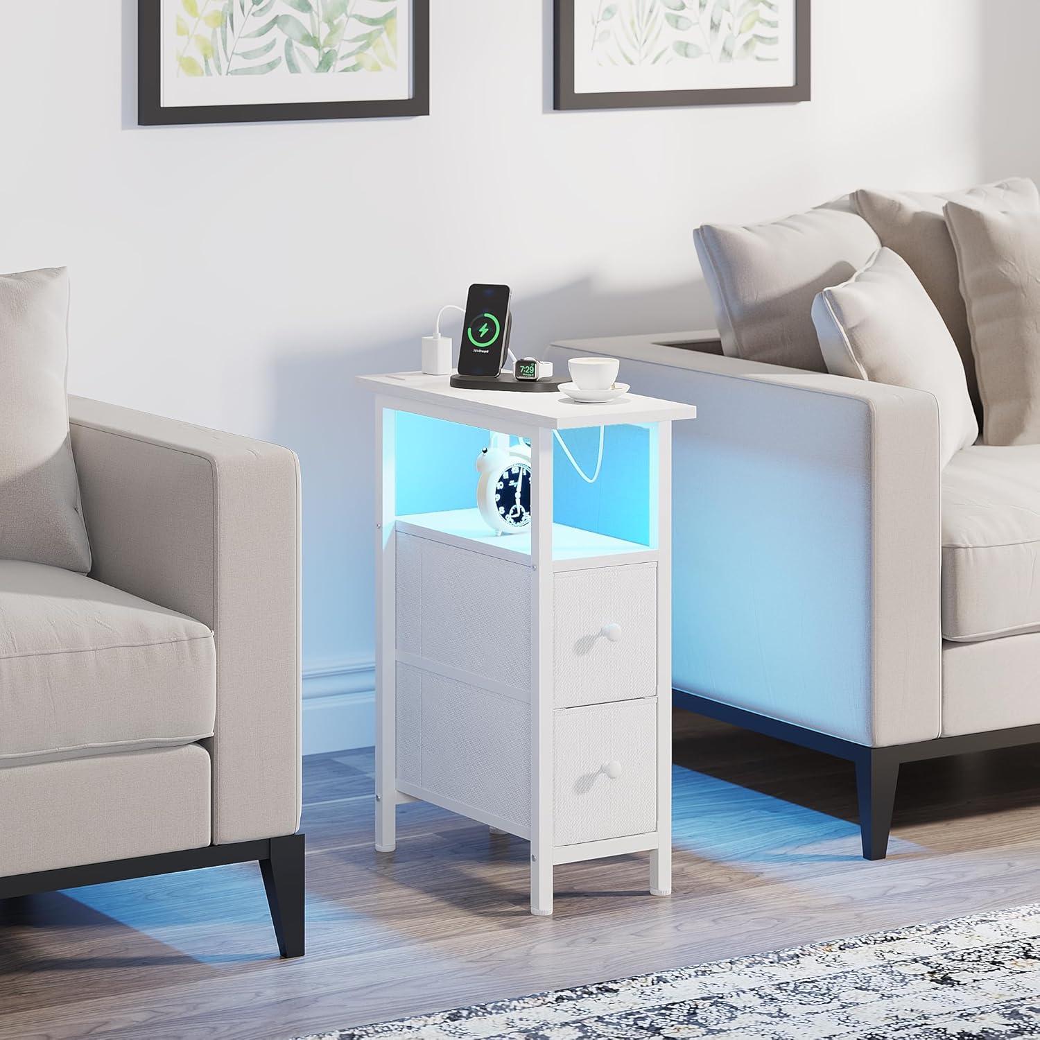 End Table with Charging Station, Narrow Side Table with 2 Fabric Drawers, Skinny Nightstand with LED Light, Slim Bedside Table for Bedroom, Living Room, Small Spaces, White