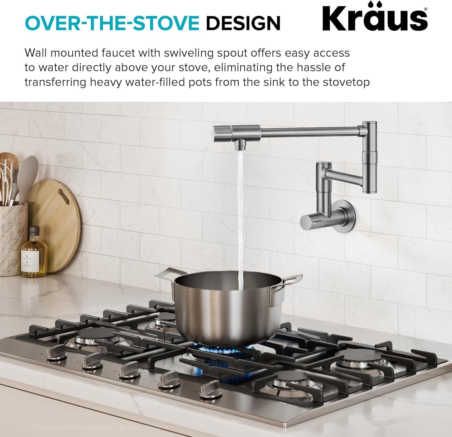 KRAUS Bolden 2 Handle Pot Filler Faucet With Retractable Arm, Wall Mount Kitchen Faucet, Pot Filler For Over Stove, KPF-5003MB