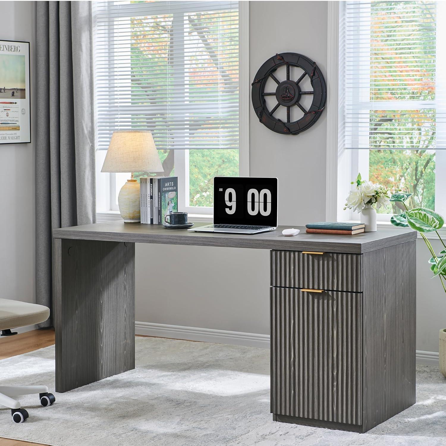 60" Modern Desk with Drawer & Cabinet, Fluted Computer Writing Desk for Living Room, Bedroom, Gray
