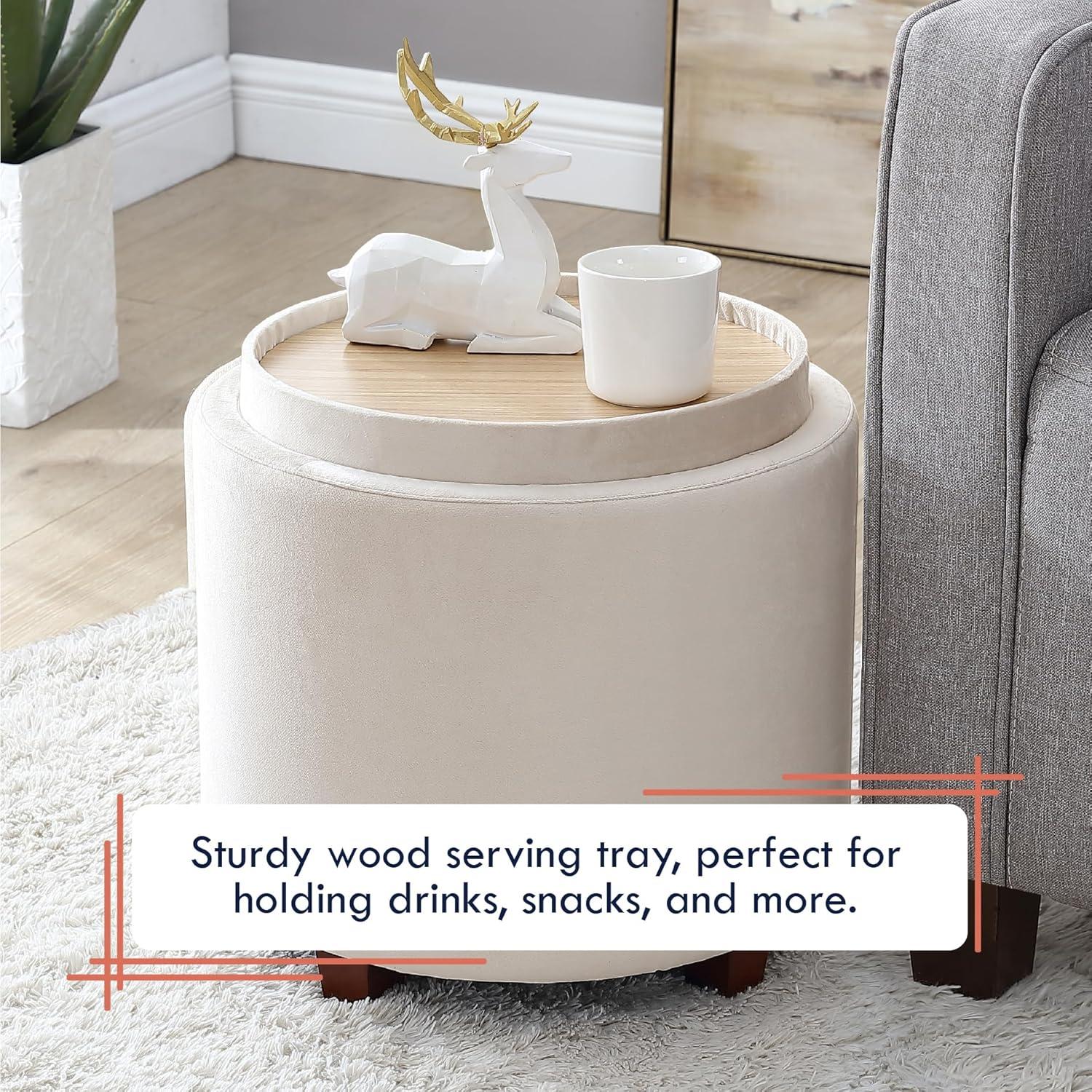 Ornavo Home Lawrence Round Storage Ottoman with Table Top Lid - Velvet Cream