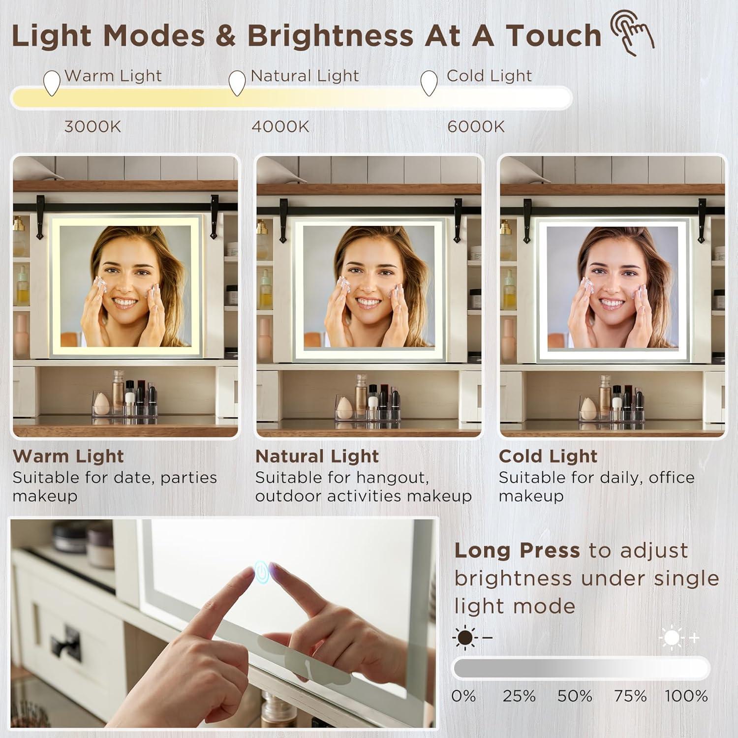 OKD Farmhouse Rustic Makeup Vanity Desk with Sliding Mirror and Lights, Glass Top Vanity Set with Charging Station, 4 Drawers & 1 Cabinet, Includes Stool - Big Vanity for Bedroom, Light Rustic Oak