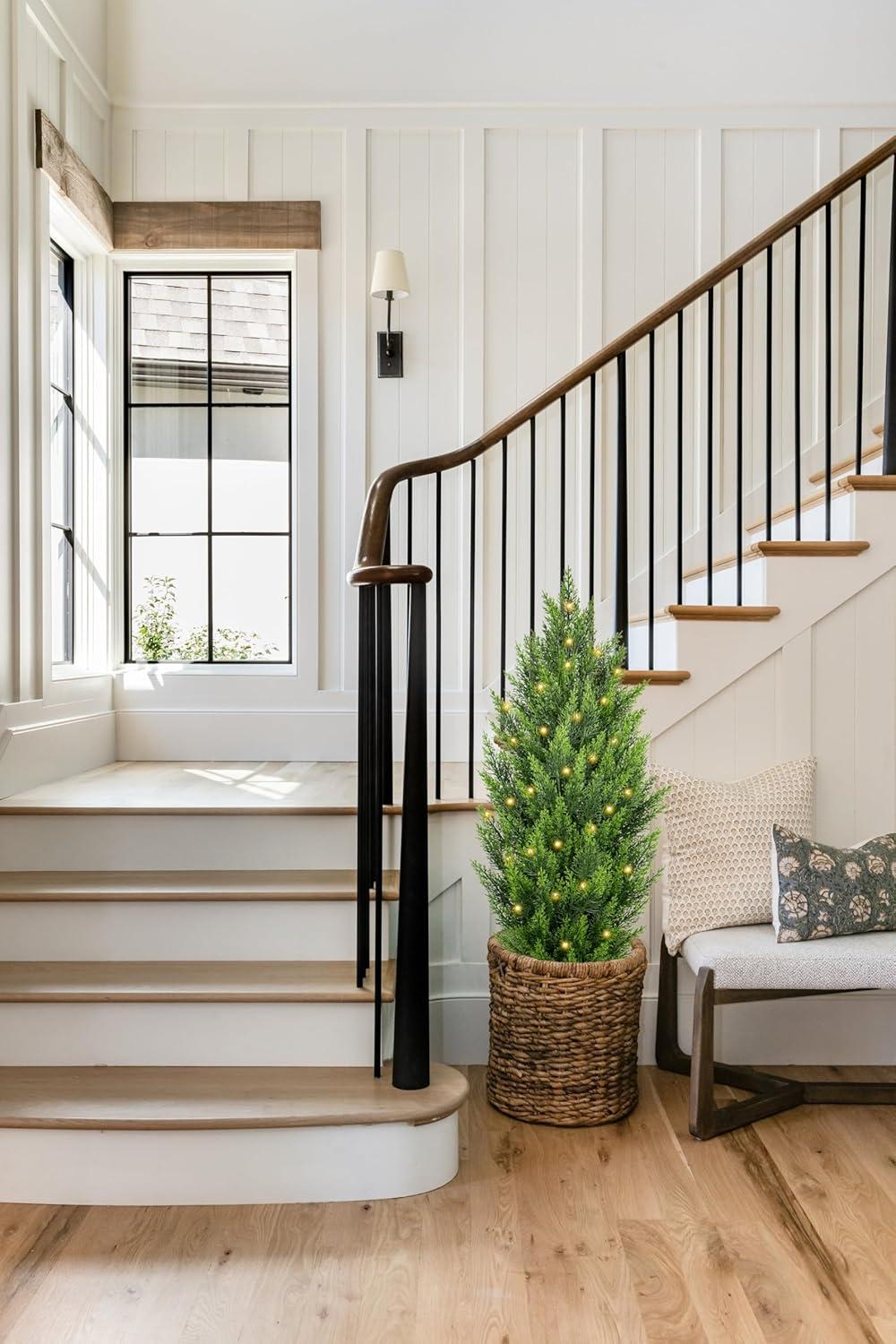 2 Pack 3ft Artificial Cedar Topiary Trees for Outdoors, Fake Cypress Plants with Solar Light String, Faux uv resistant Plants for Home Front Porch Decor, Housewarming Gift