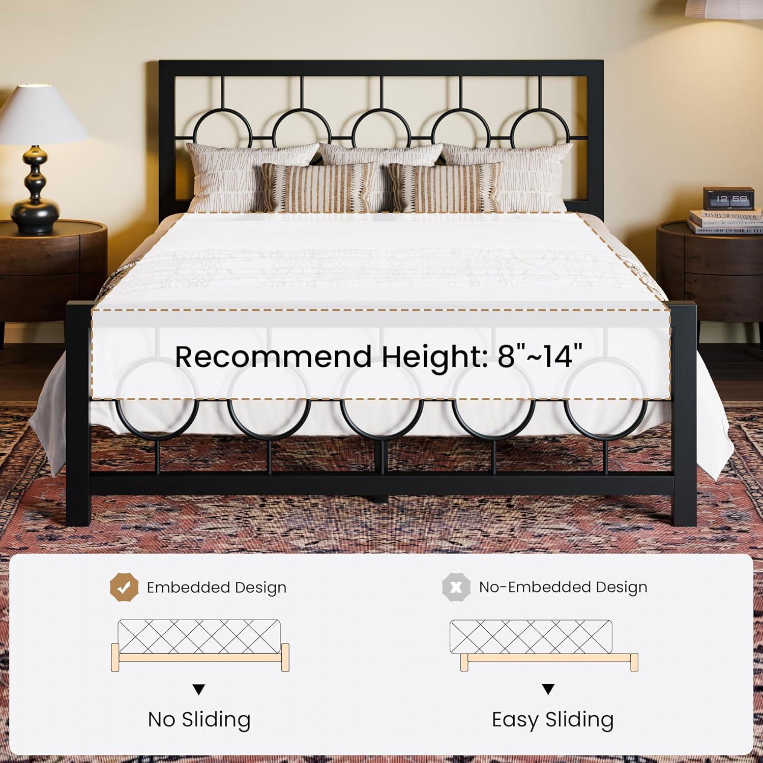 SHA CERLIN Queen Size Metal Bed Frame with Vintage Circular Design Headboard and Footboard,No Box Spring Required,Easy Assembly,Noise-Free,Black