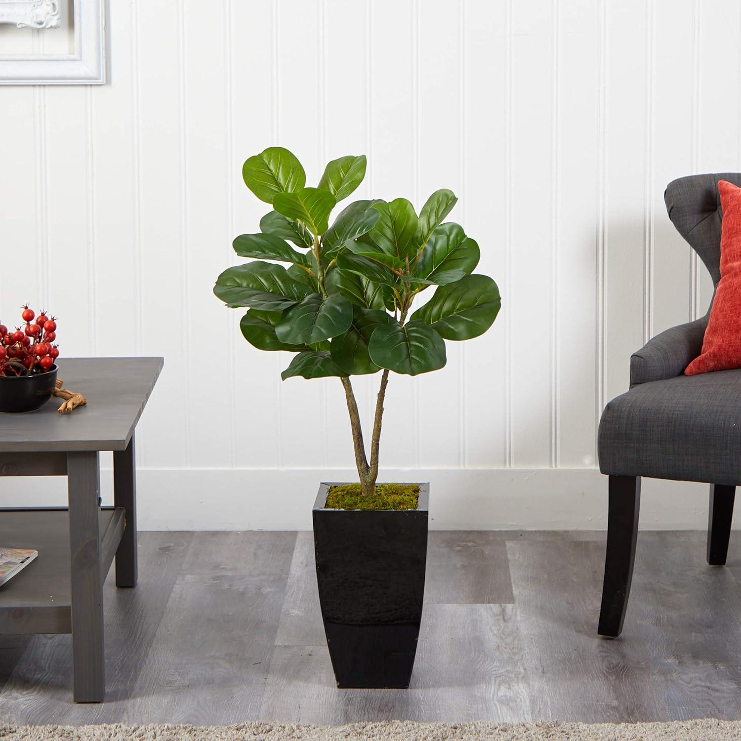 Nearly Natural 3-ft Fiddle Leaf Fig Artificial Tree in Black Metal Planter