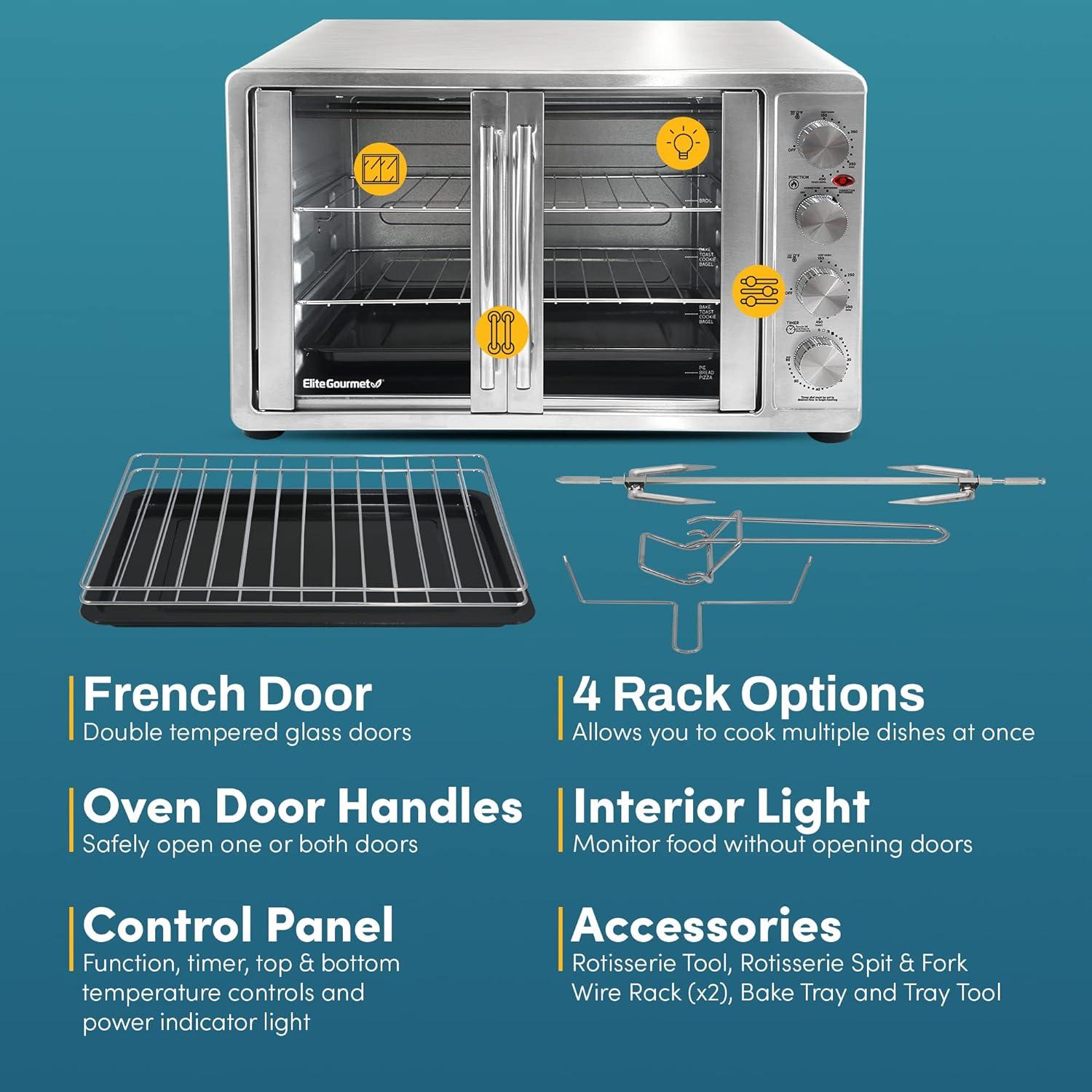 MODERN WALLS LLC French Door 47.5Qt, 18-Slice Convection Oven 4-Control Knobs, Bake Broil Toast Rotisserie Keep Warm, Includes Pizza Racks