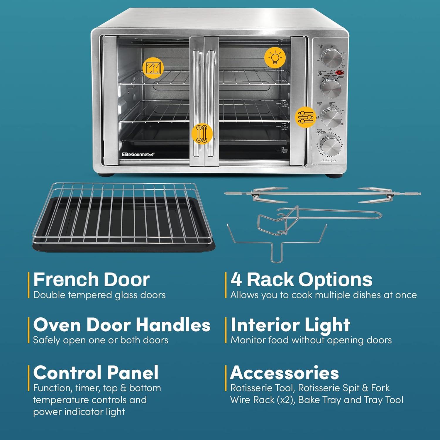 MODERN WALLS LLC French Door 47.5Qt, 18-Slice Convection Oven 4-Control Knobs, Bake Broil Toast Rotisserie Keep Warm, Includes Pizza Racks
