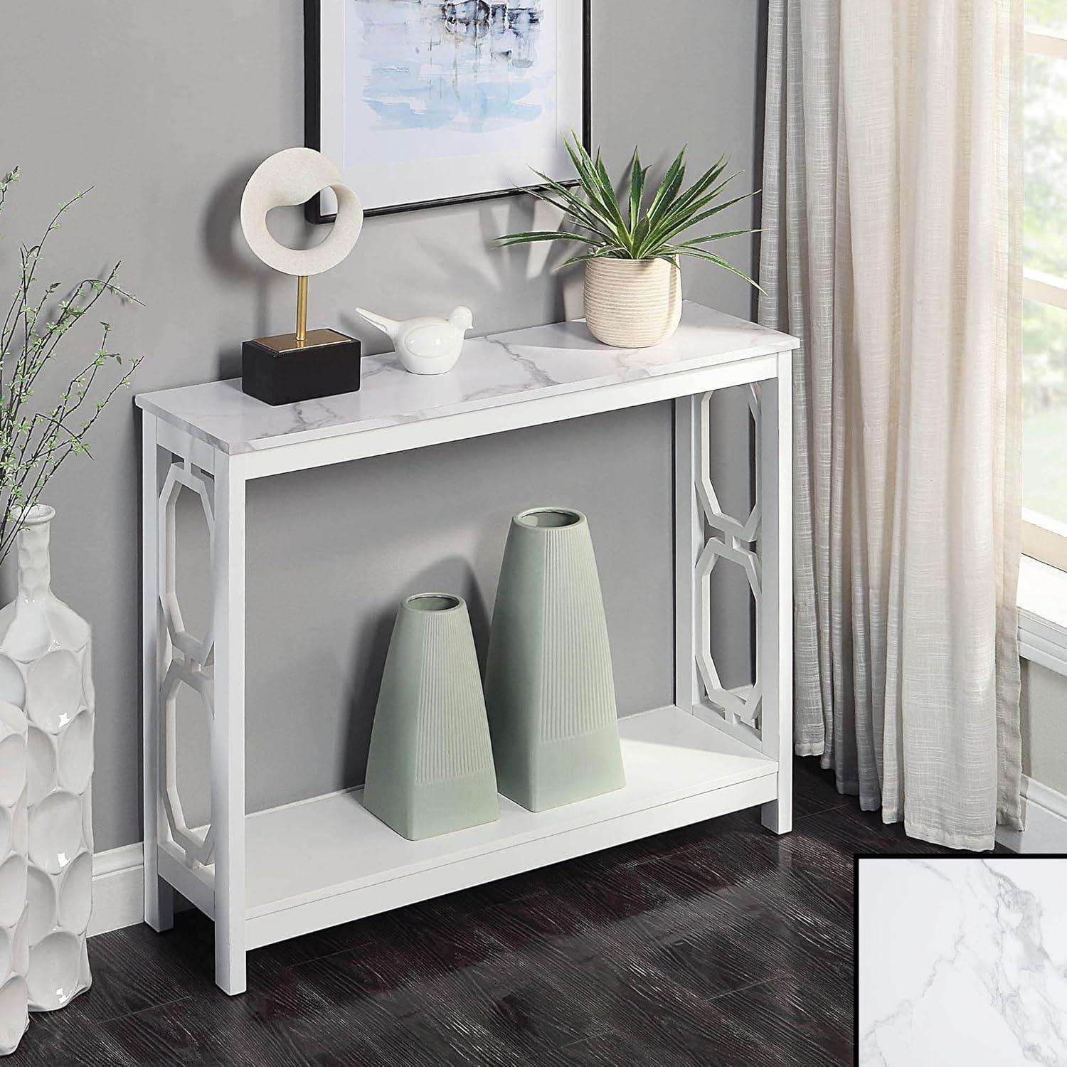 Convenience Concepts Omega Console Table with Shelf, White Faux Marble/White