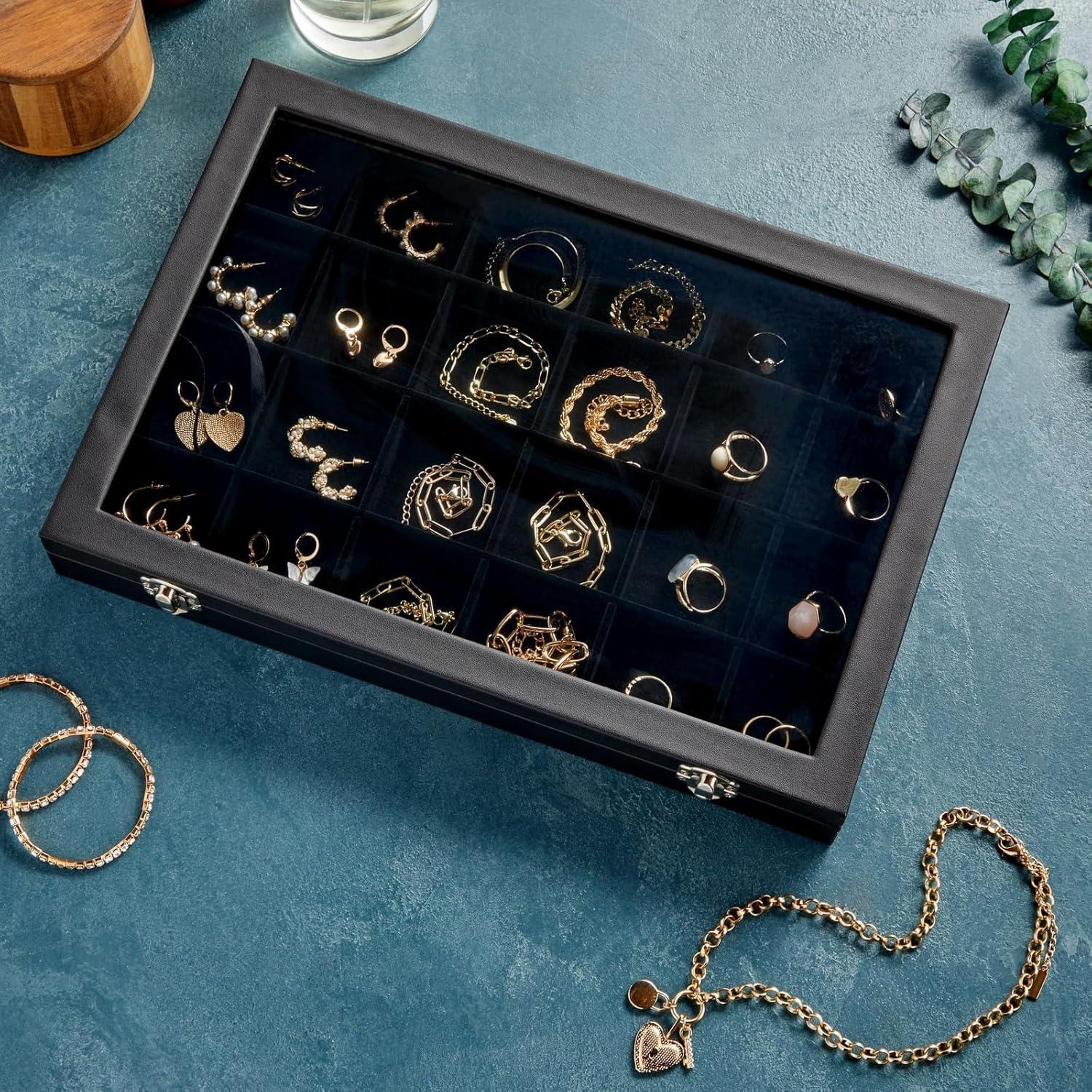 Juvale Black Jewelry Display Tray with Velvet Lining for Gemstones, Rocks, 24 Slots, 14 x 9.5 x 2 In