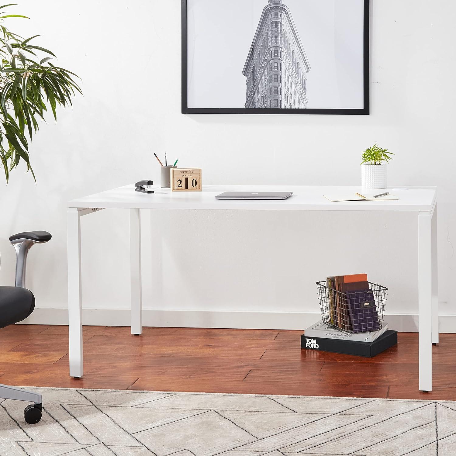 60" Writing Desk with White Laminate Top and White Finish Metal Legs