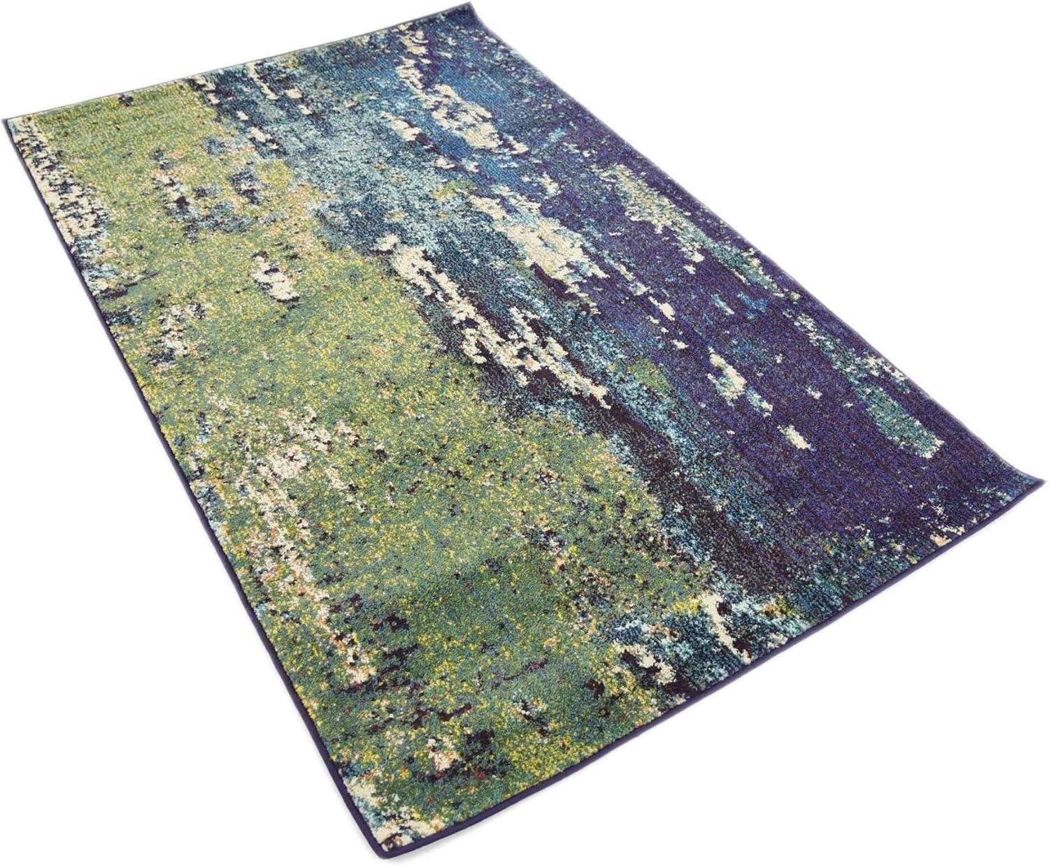 Navy Blue and Green Abstract Rectangular Area Rug