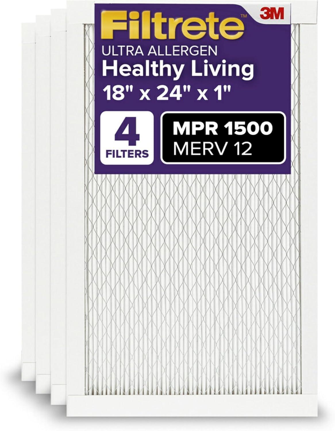 Filtrete 18x24x1 Air Filter, MPR 1500 MERV 12, Allergen, Bacteria, Virus, 4 Filters