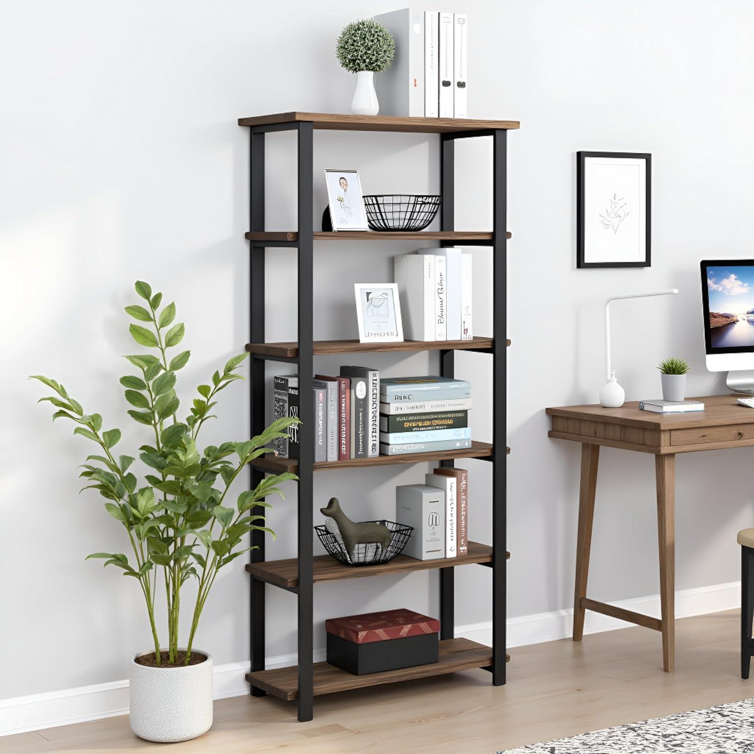 Alaterre Furniture Pomona 70 in. Tall 5-Shelf Solid Pine Wood & Metal Bookcase, Bookshelf for Home Office, Living Room or Bedroom, Natural