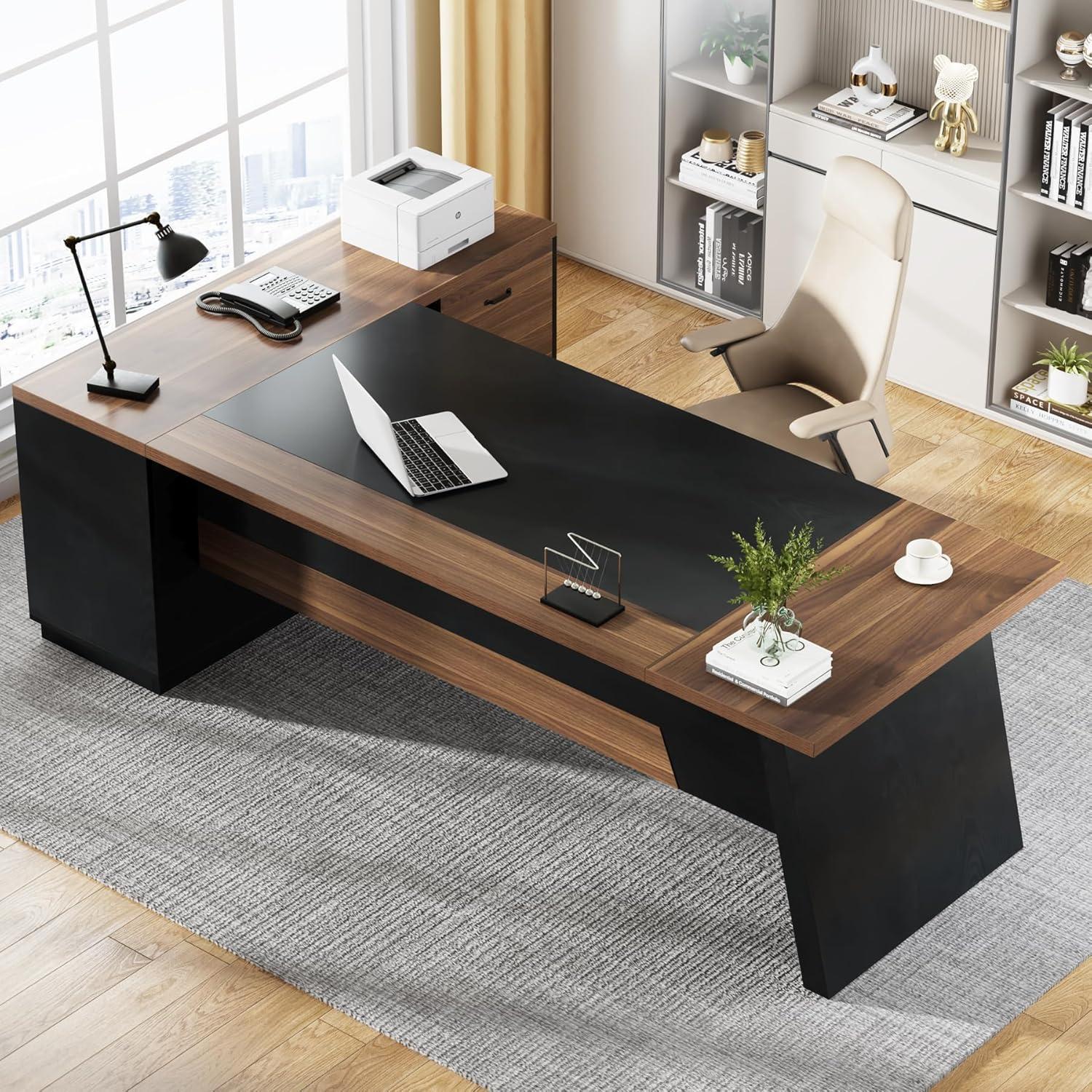 Tribesigns Modern 78" L-Shaped Executive Desk with Drawers and Lateral File Cabinet, Brown