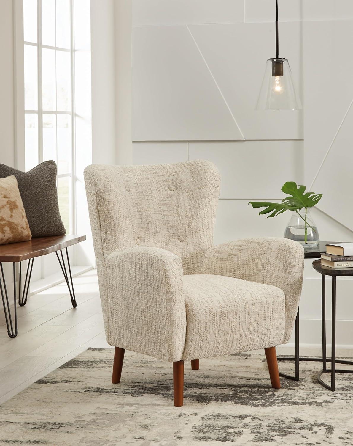 Beige Tufted Wingback Accent Chair with Brown Legs