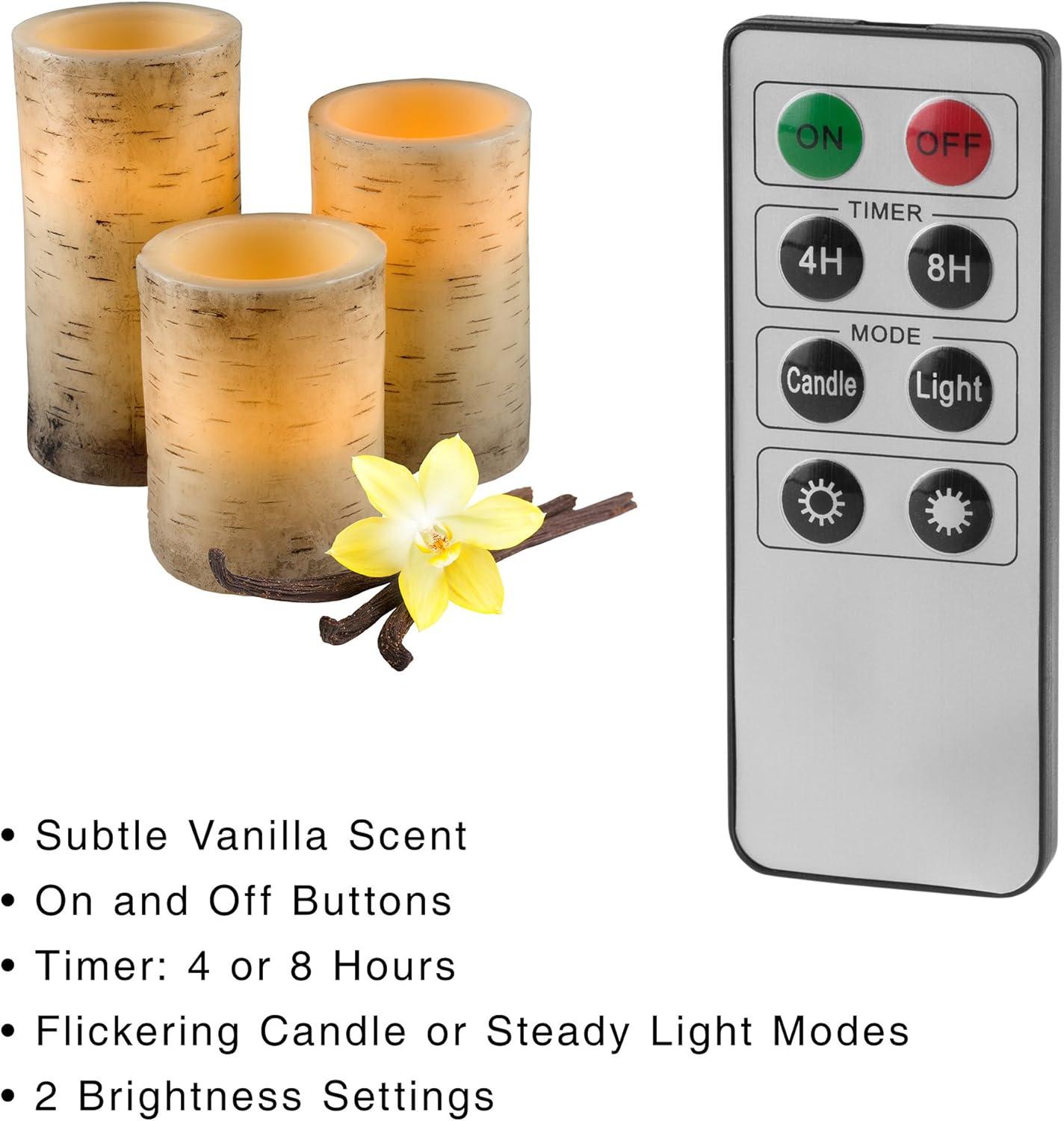 Flickering Flameless LED Candles with Birch Bark- Set of 3 Battery Operated Real Wax Pillar Candles with Remote Control and Timer by Lavish Home
