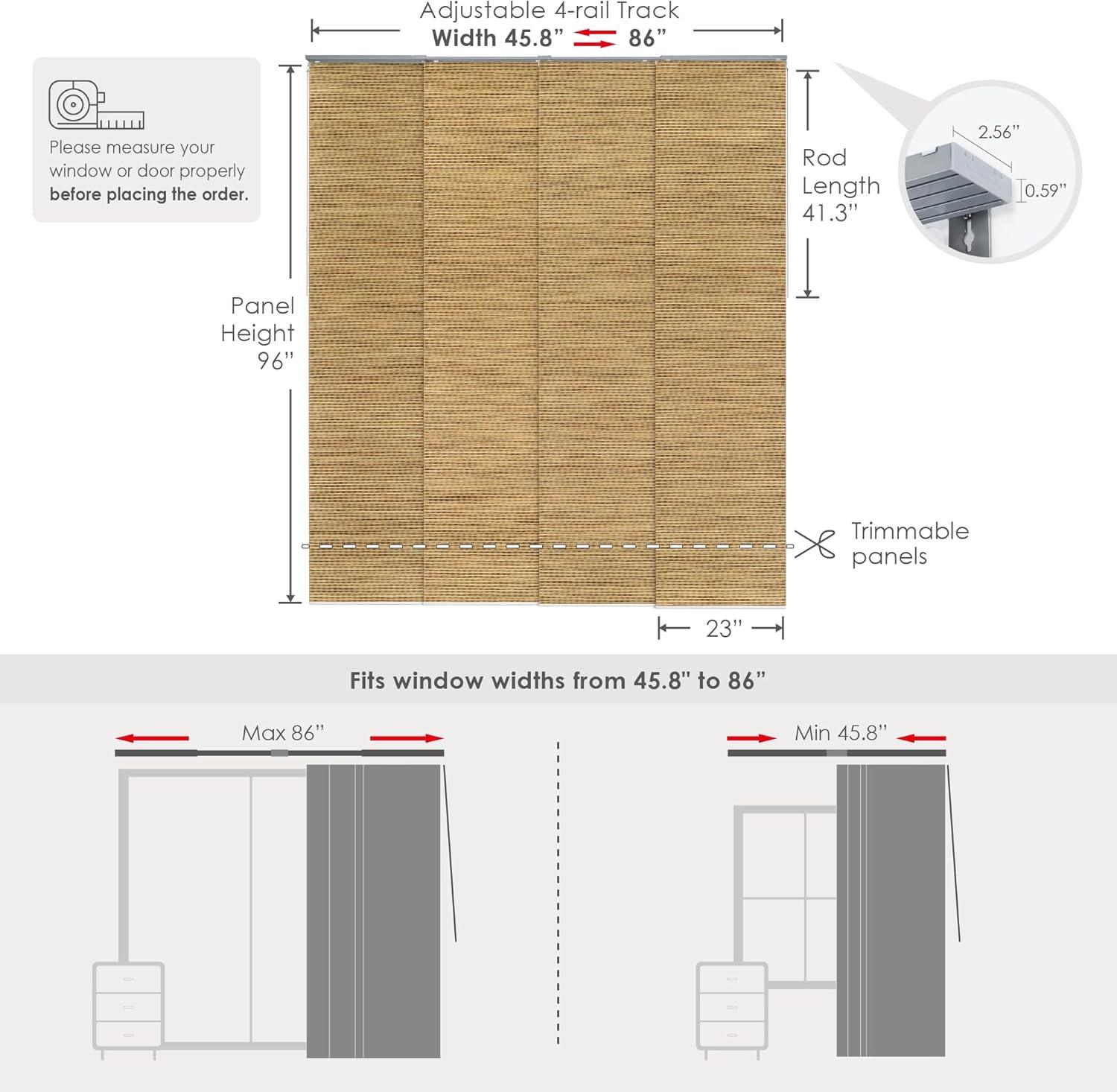 GoDear Design Adjustable Sliding Panel Track Blinds for Windows, Vertical Blinds for Sliding Doors, Extendable Track from 45.8" to 86" W, Trimmable Panel Curtains Up to 96", Light Filtering, Mayonaka