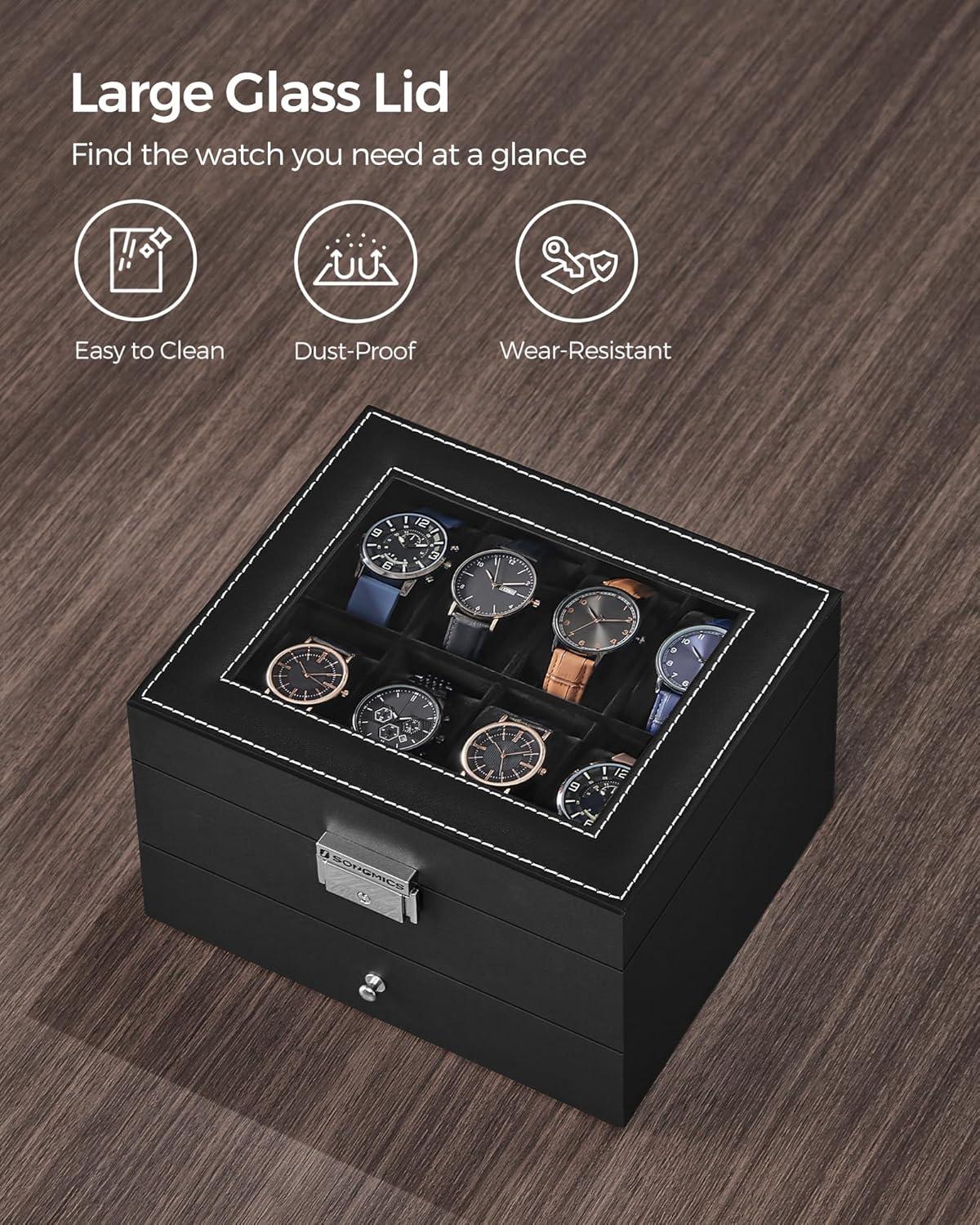 SONGMICS Watch Box, 8-Slot Watch Case Organizer with Large Glass Lid, 2 Layers, Removable Pillows, Metal Lock, Gift for Loved Ones, Black Synthetic Leather, Black Lining UJWB080B01