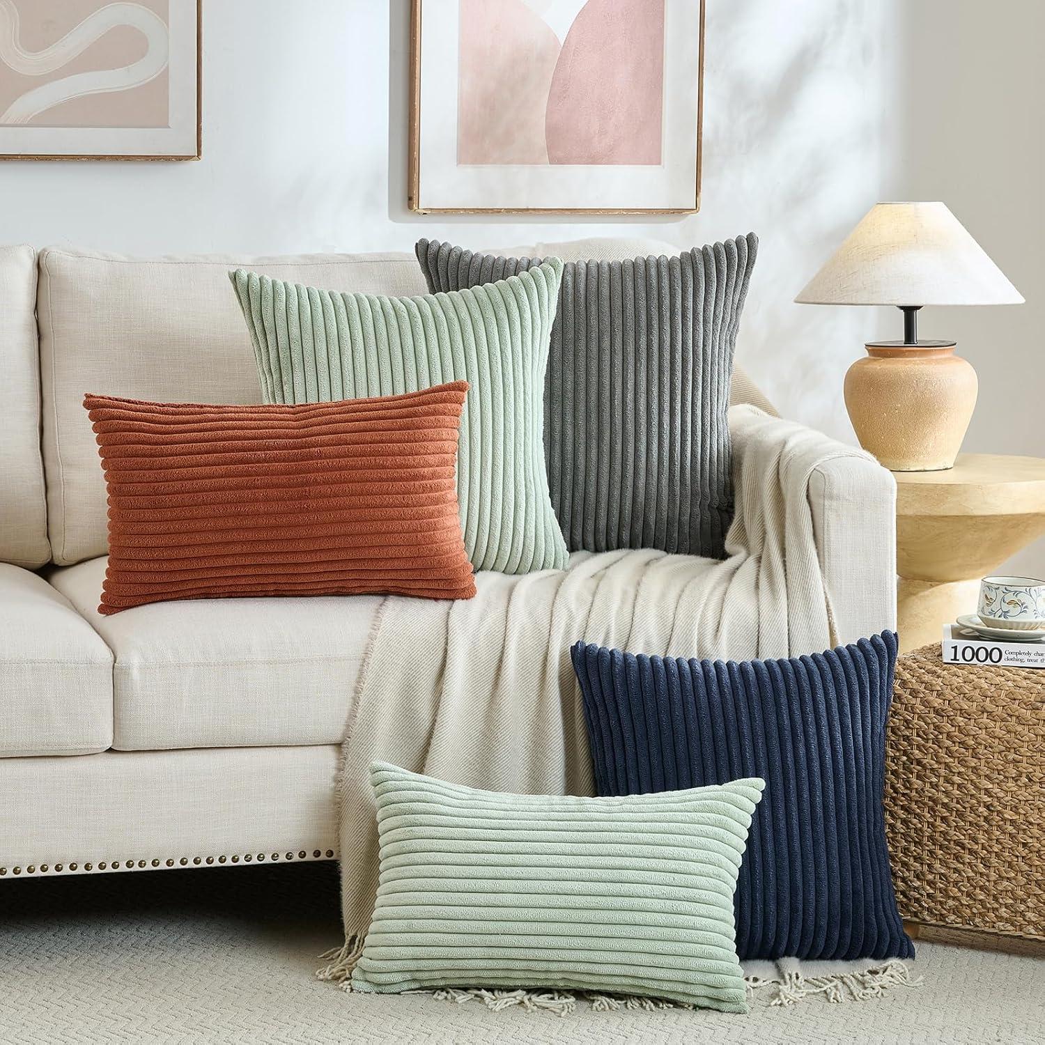 Boho Sage Green Striped Corduroy Pillow Covers - Set of 2 | Farmhouse Rectangle Cushion Cases for Sofa Couch Bed | Soft Decorative Throw Pillowcases - 12x20 Inch Home Decor