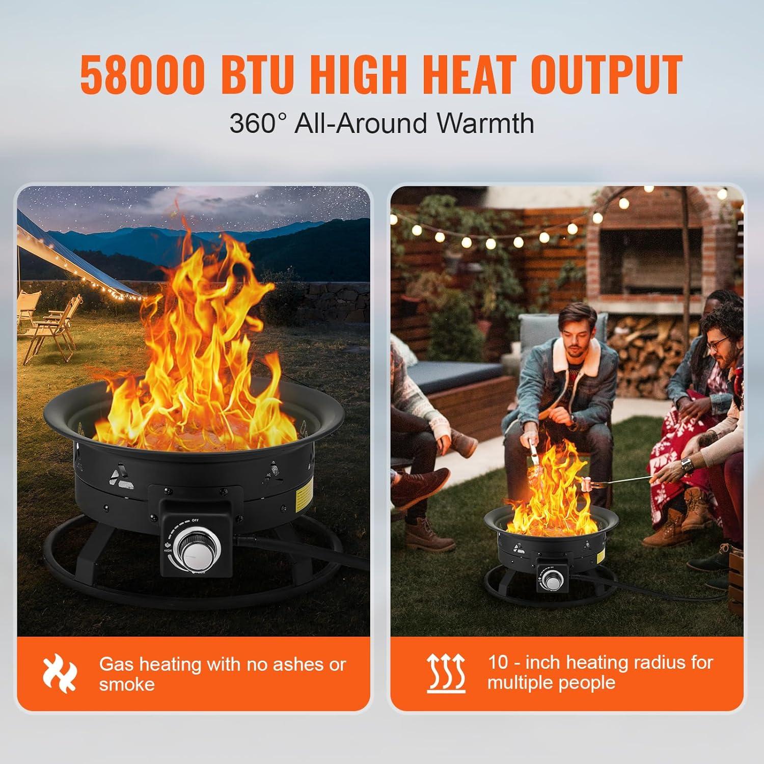 Portable Black Gas Fire Pit with Adjustable Flame Control