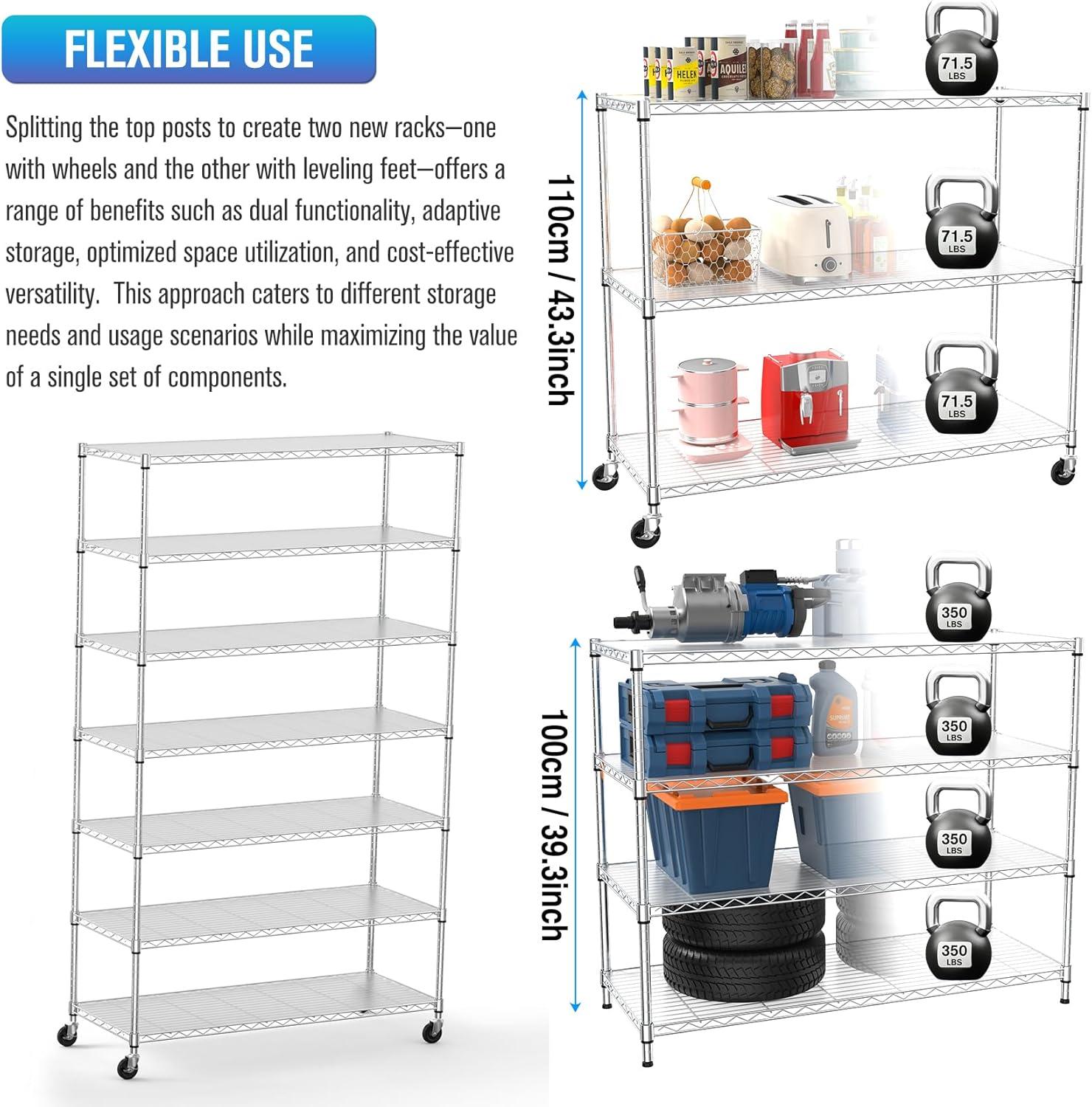 Chrome NSF 7 Tier Metal Shelf Wire Shelving Unit, 2450lbs Heavy Duty Adjustable Storage Rack with Wheels & Shelf Liners for Closet Kitchen Garage Basement Commercial Shelving - 82" H x 48" L x 18" D