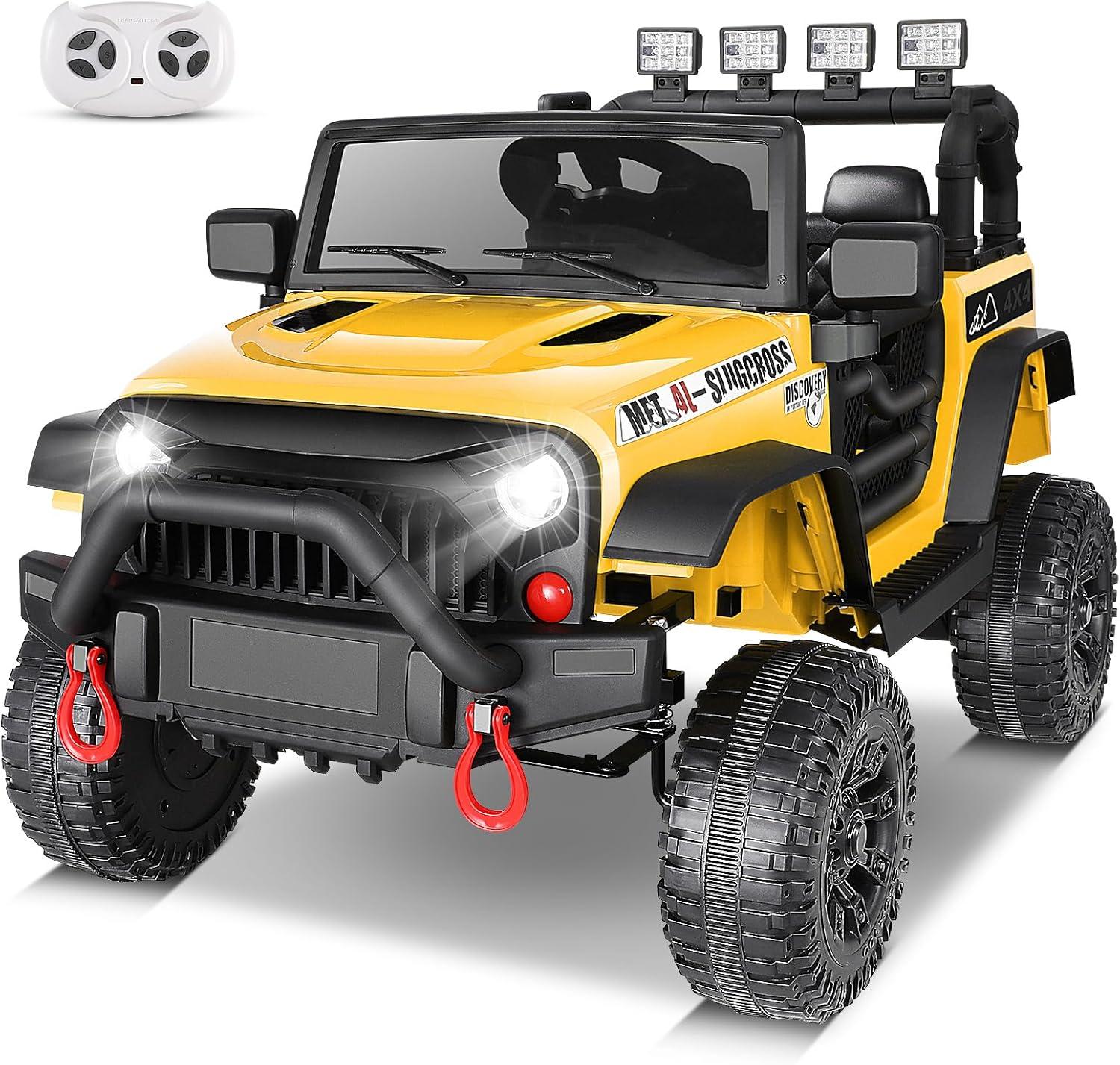 24V Electric Ride on Jeeps for Kids, Ride On Car Truck with Remote Control, Battery Power Car Wheels for Kids w/LED Lights, Bluetooth, Music, 3 Speeds, 24 Volt Ride on Toys for Boys and Girls