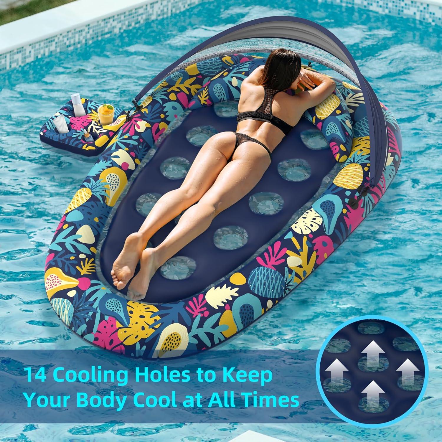 3-in-1 Pool Floats with Canopy Cup Holder, XL Large 73" x 48" Inflatable Pool Floats for Adults Lounger Raft Floating Chair for Swimming Pool Lake Water Lounge Float Beach Pool Party Toys
