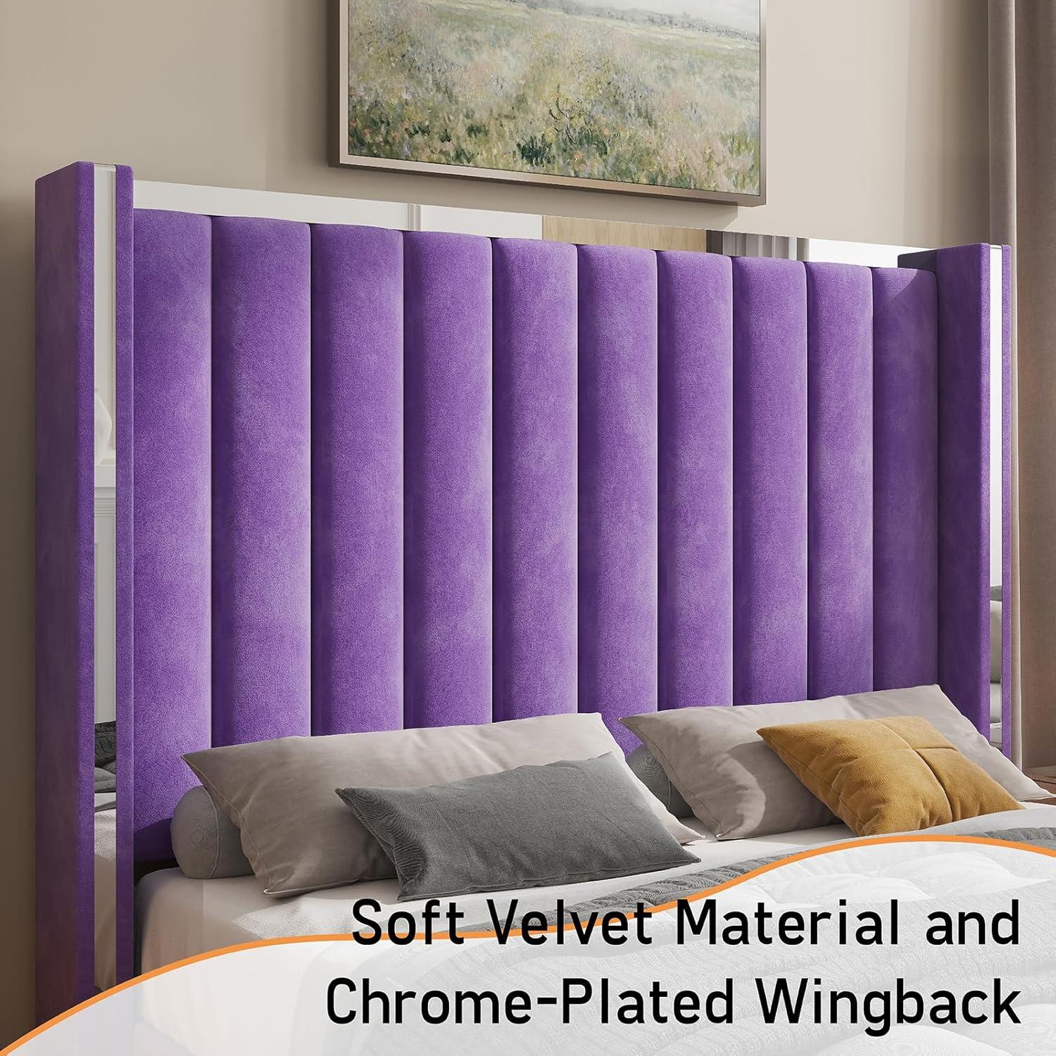 Merluxy King Size Bed Frame with 58" Tall Headboard, Velvet Upholstered Platform Bed with Channel Tufted Wingback Headboard and Plating Trim, Cream